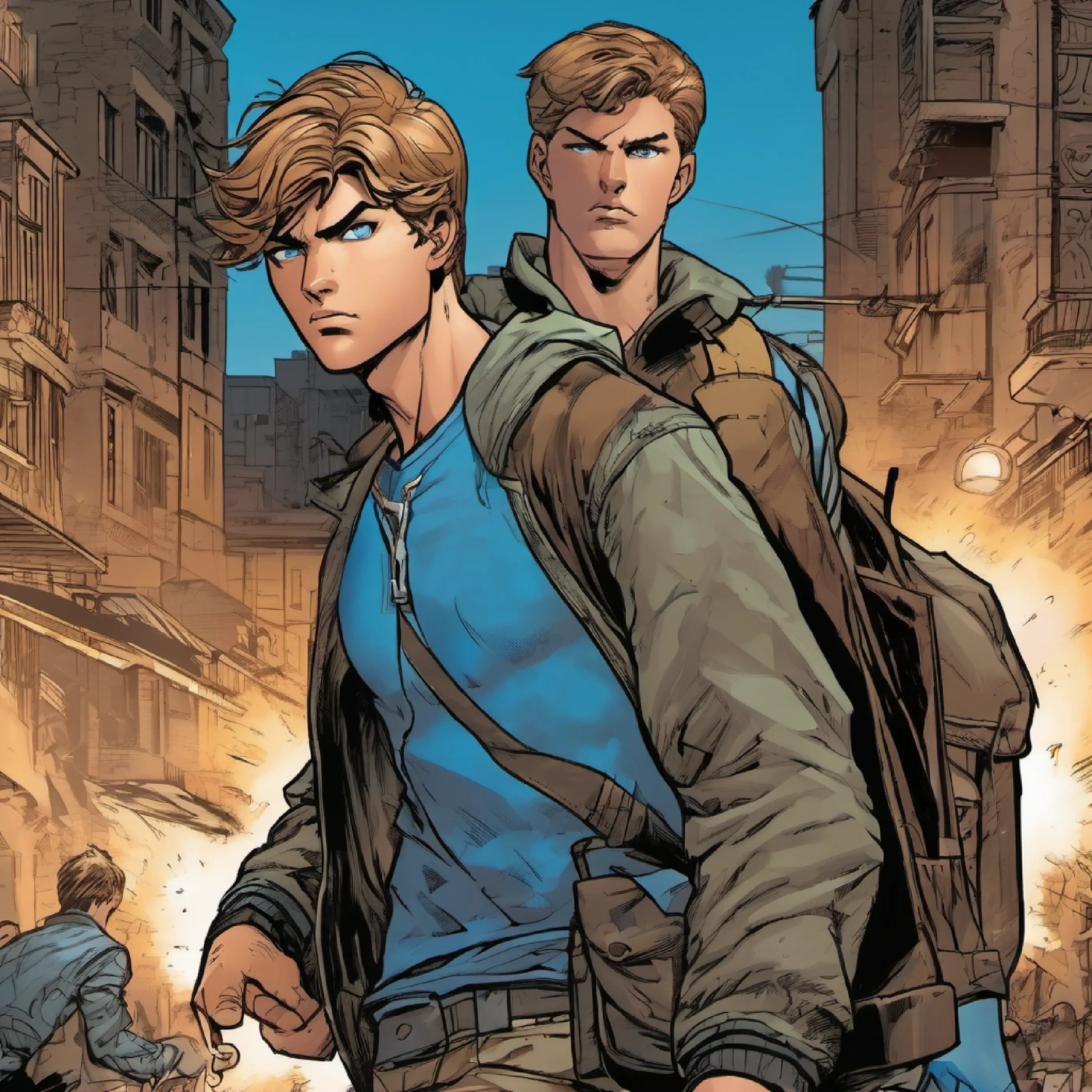 16-year-old boy, athletic build, blue eyes, light brown hair preparing to confront a gang terrorizing the town.