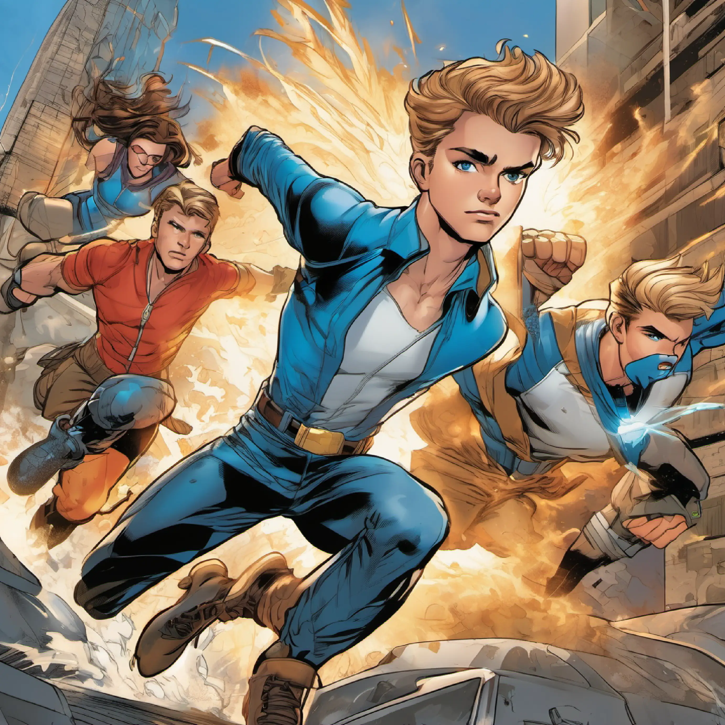 16-year-old boy, athletic build, blue eyes, light brown hair battles the gang with agility and strength, driving them off.