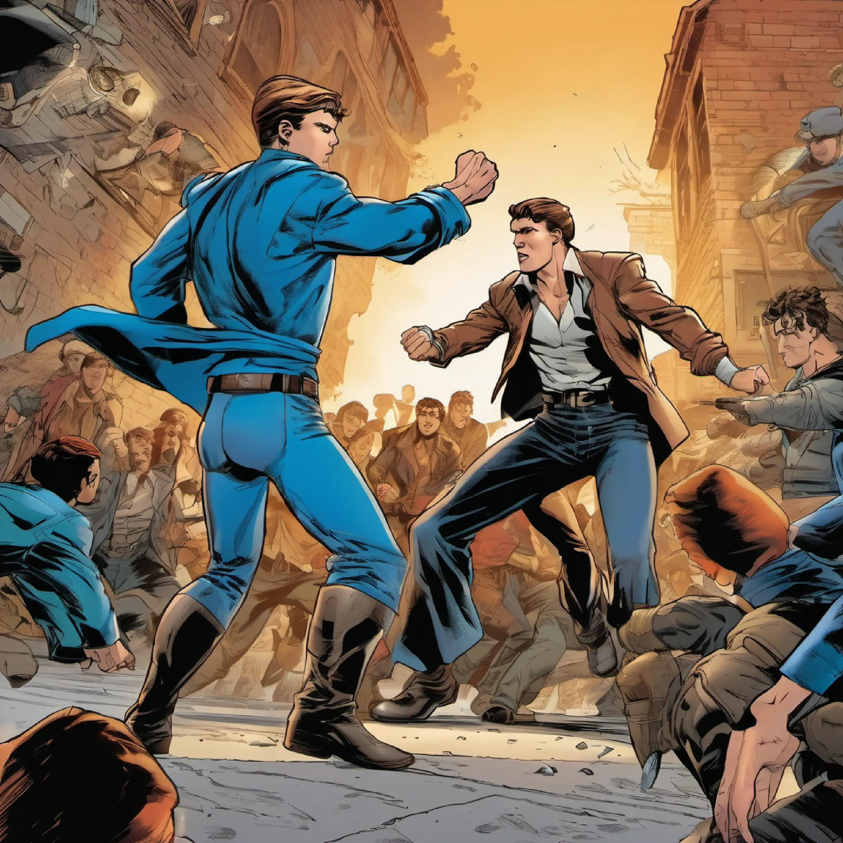 16-year-old boy, athletic build, blue eyes, light brown hair confronts the gang leader, an old friend, in a tense battle.
