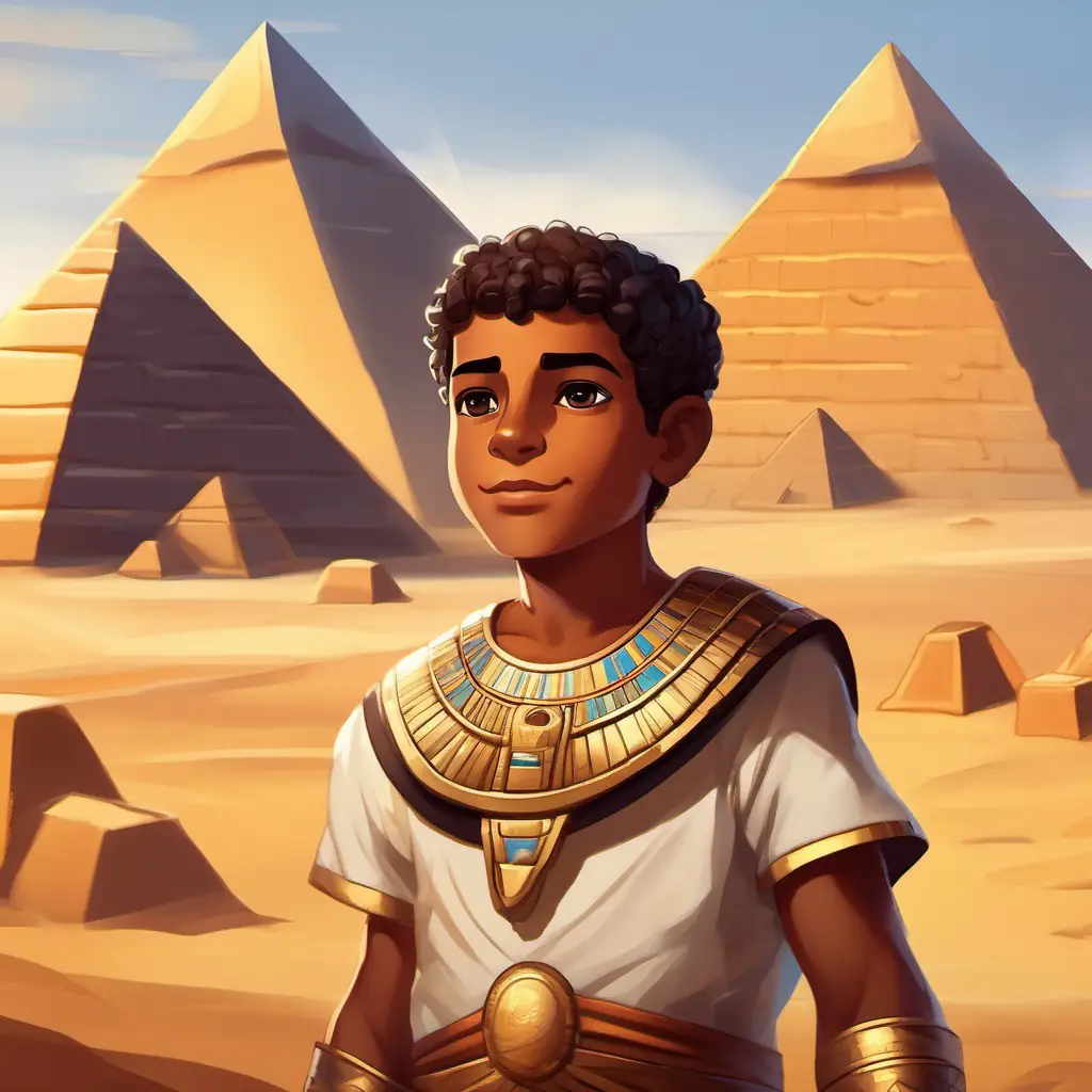 Introduction, ancient Egypt, little Young Pharaoh with bronze skin and deep brown eyes near pyramids