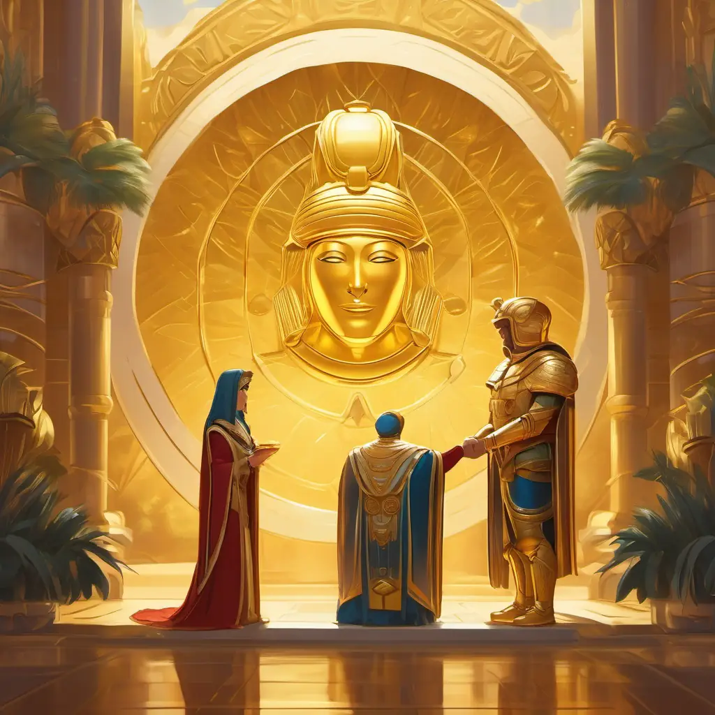 Receiving the golden scarab from the queen