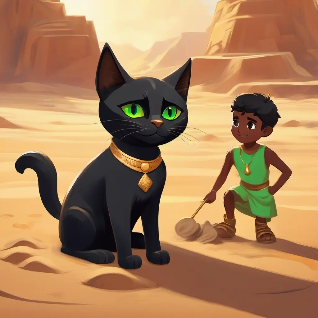 Young Pharaoh with bronze skin and deep brown eyes's pet cat, Sleek black cat with bright green eyes, playing in the sand