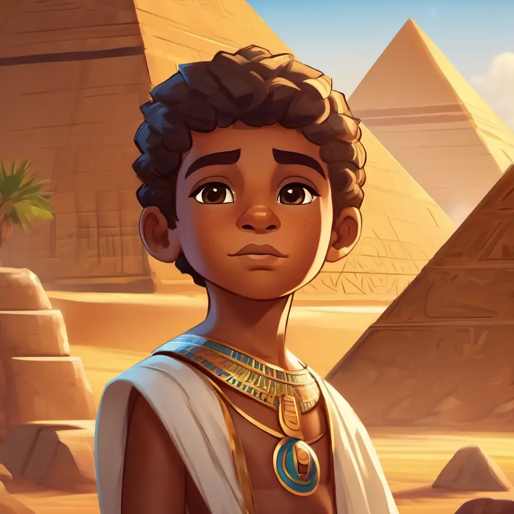 Introduction, ancient Egypt, little Young Pharaoh with bronze skin and deep brown eyes near pyramids