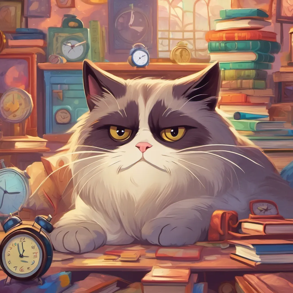 A grumpy cat with fluffy whiskers lying in bed with a frown, surrounded by colorful alarm clocks and school books.