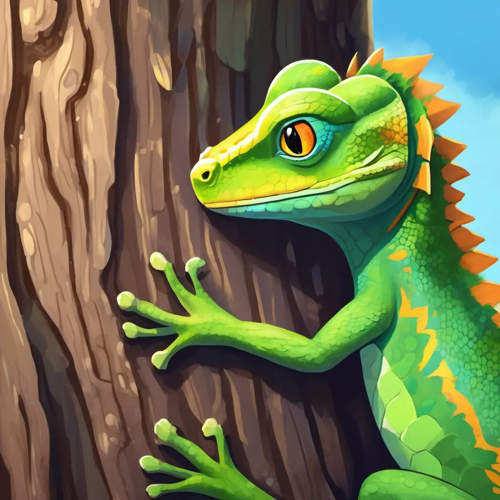 Lucy the Lizard touches tree bark, introduces touch.