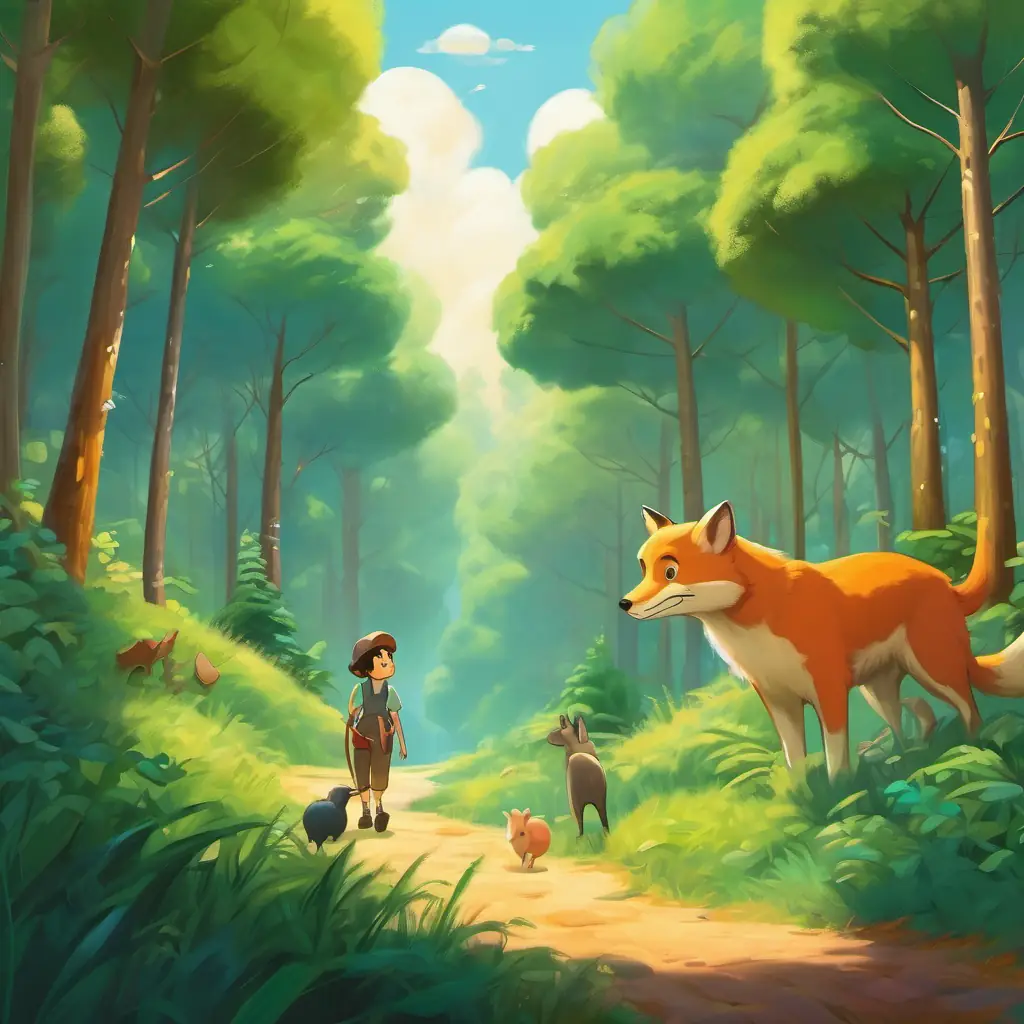 Charlie and the Tall, slender tube with a smooth, shiny surface and small nodes are seen playing with other animals, surrounded by trees and nature.