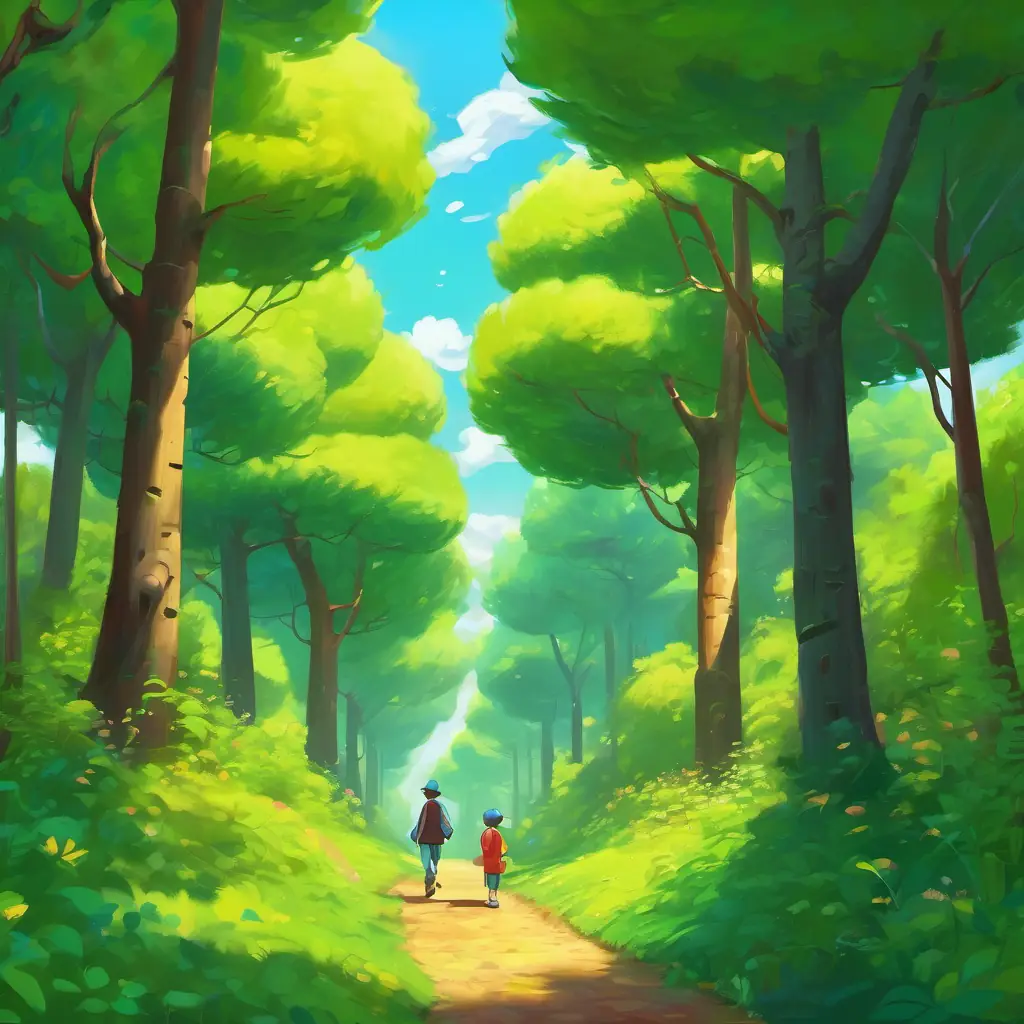 The Tall, slender tube with a smooth, shiny surface and small nodes and Charlie are seen smiling and enjoying their time together in the Vibrant place with tall and green trees.