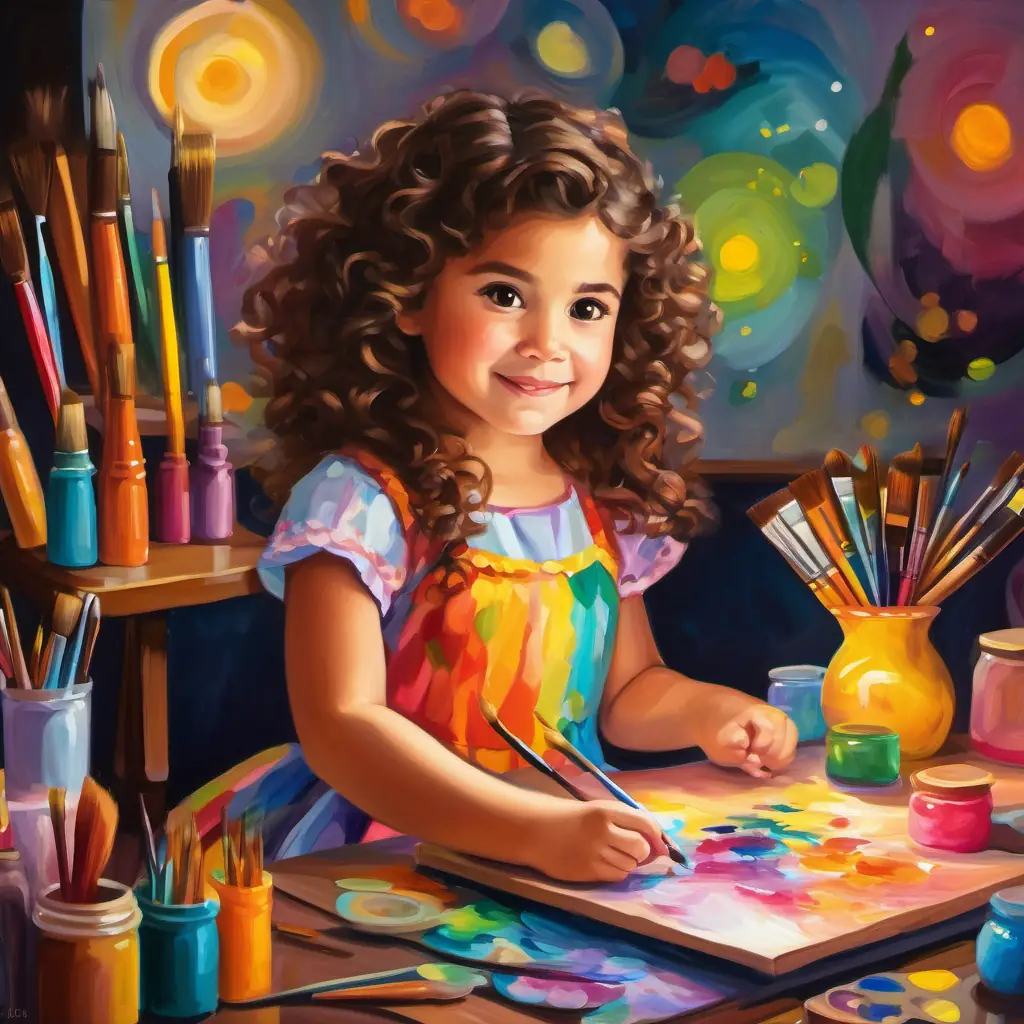 A small girl with curly brown hair, big brown eyes, wearing a colorful dress is sitting at a table with her Magic Paintbrush, surrounded by her family portrait and colorful art supplies. The paintbrush is lighting up with a magical glow.