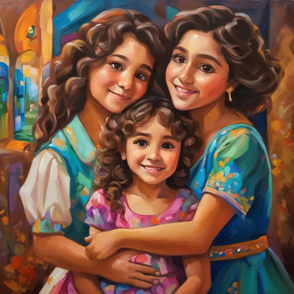 A small girl with curly brown hair, big brown eyes, wearing a colorful dress's family members are hugging her tightly and admiring the magical paintings on the walls.