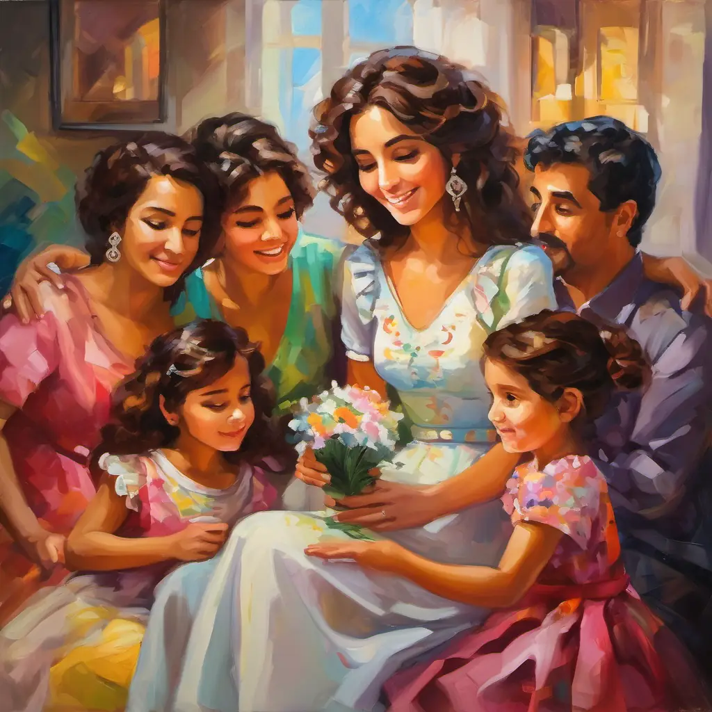 A small girl with curly brown hair, big brown eyes, wearing a colorful dress and her family are sitting together, painting and listening to each other, surrounded by love and happiness.