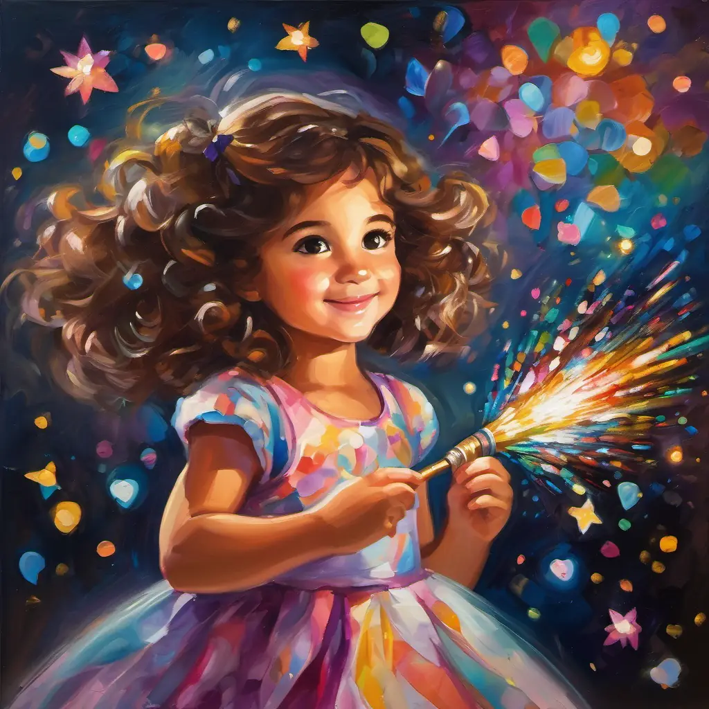 A small girl with curly brown hair, big brown eyes, wearing a colorful dress's Magic Paintbrush is floating in the air with shimmering sparkles, spreading love and joy around the family's home.