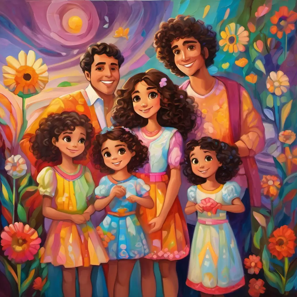 A small girl with curly brown hair, big brown eyes, wearing a colorful dress and her family are standing together, holding hands and smiling, surrounded by colorful and magical paintings.