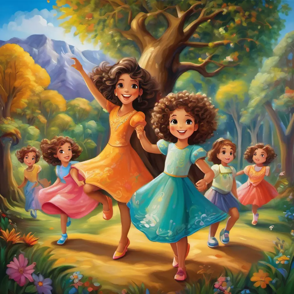 The painted canvas comes to life with dancing trees, animals, and A small girl with curly brown hair, big brown eyes, wearing a colorful dress's family members with happy expressions.