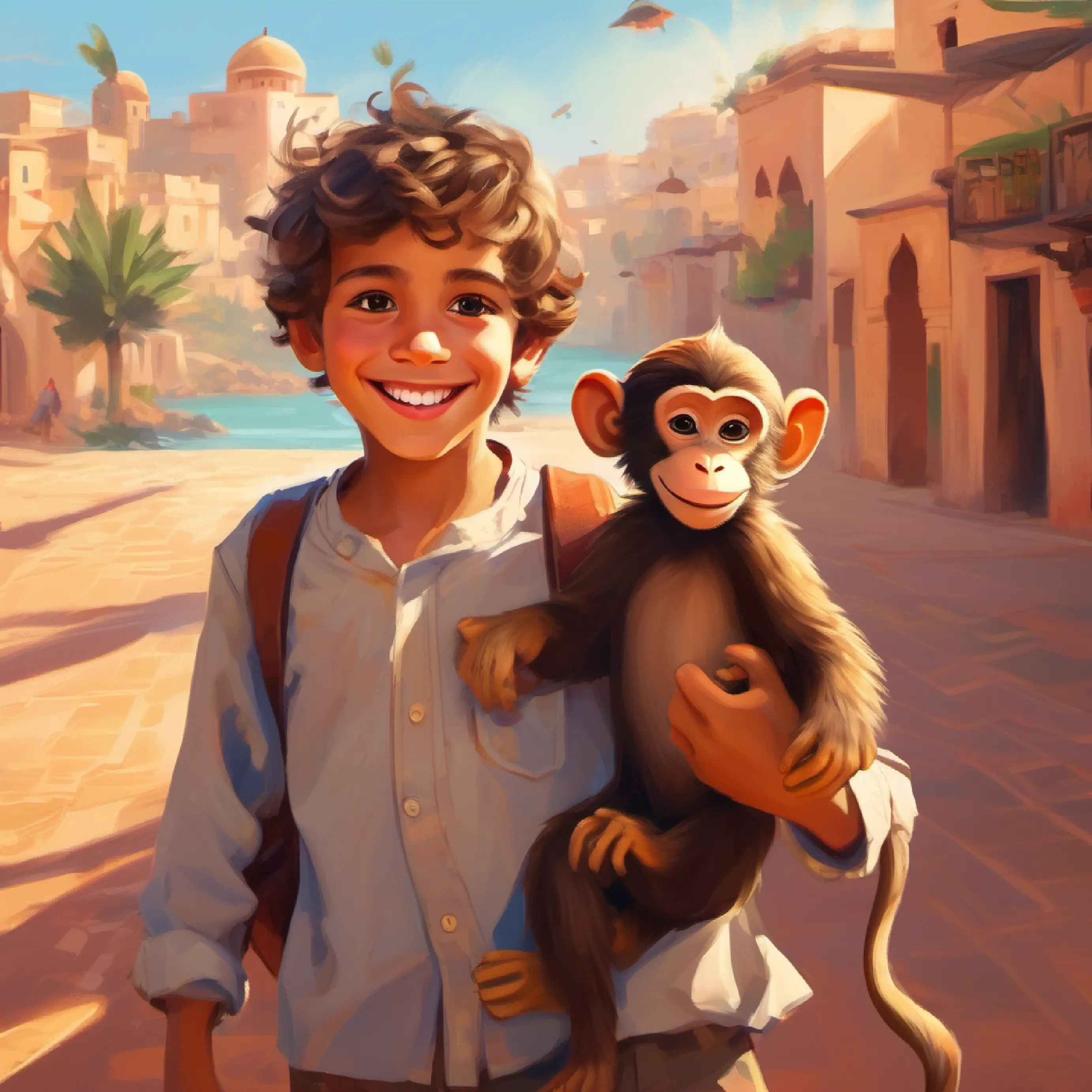 Introduction to A happy boy with playful eyes and sun-kissed skin, always smiling and his monkey friend in Morocco