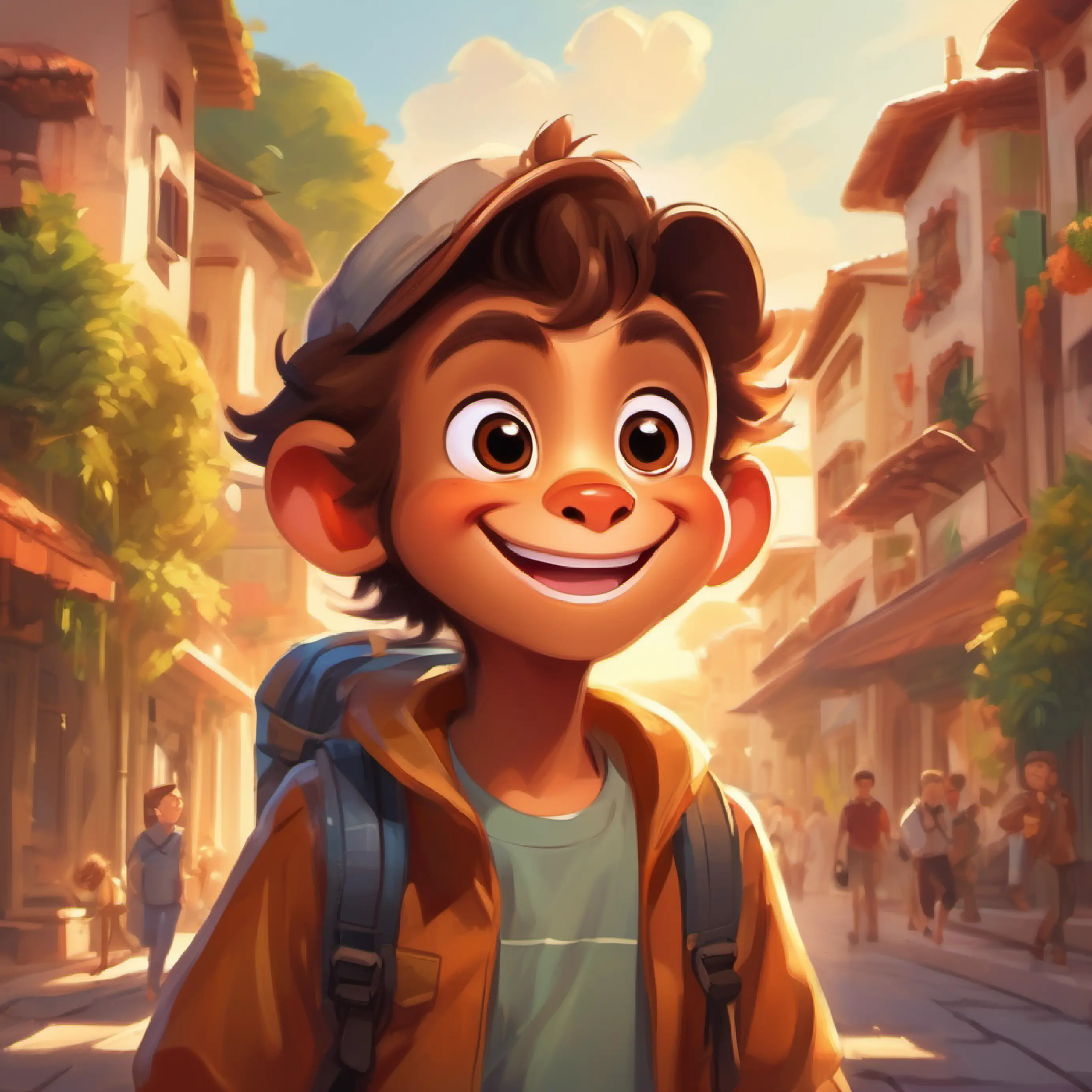 A happy boy with playful eyes and sun-kissed skin, always smiling and Tiny brown monkey with quick eyes and a mischievous grin's daily routine of adventures in town