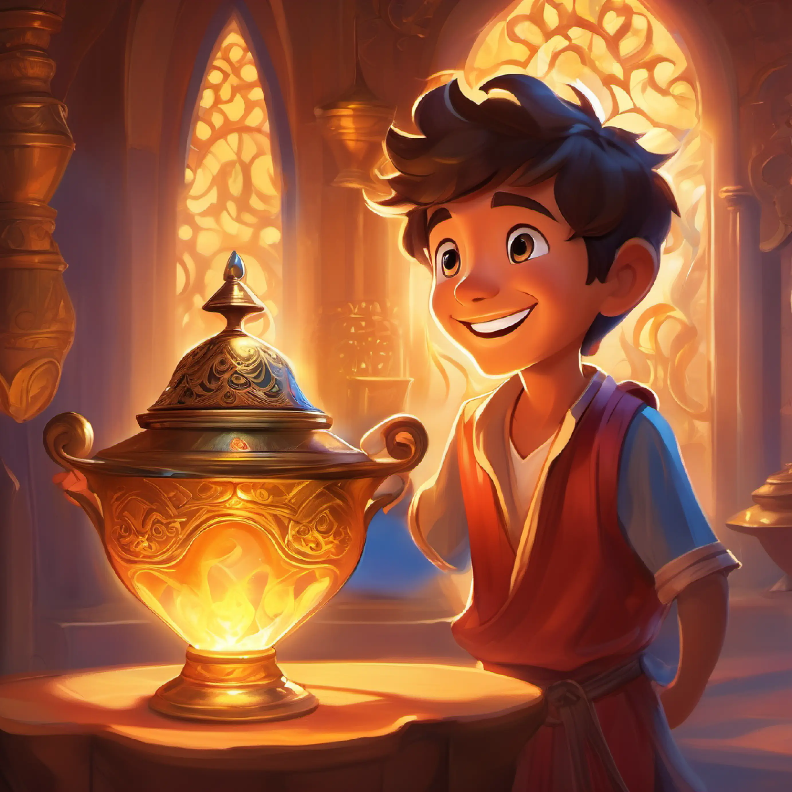 A happy boy with playful eyes and sun-kissed skin, always smiling discovers a magic lamp and meets a genie