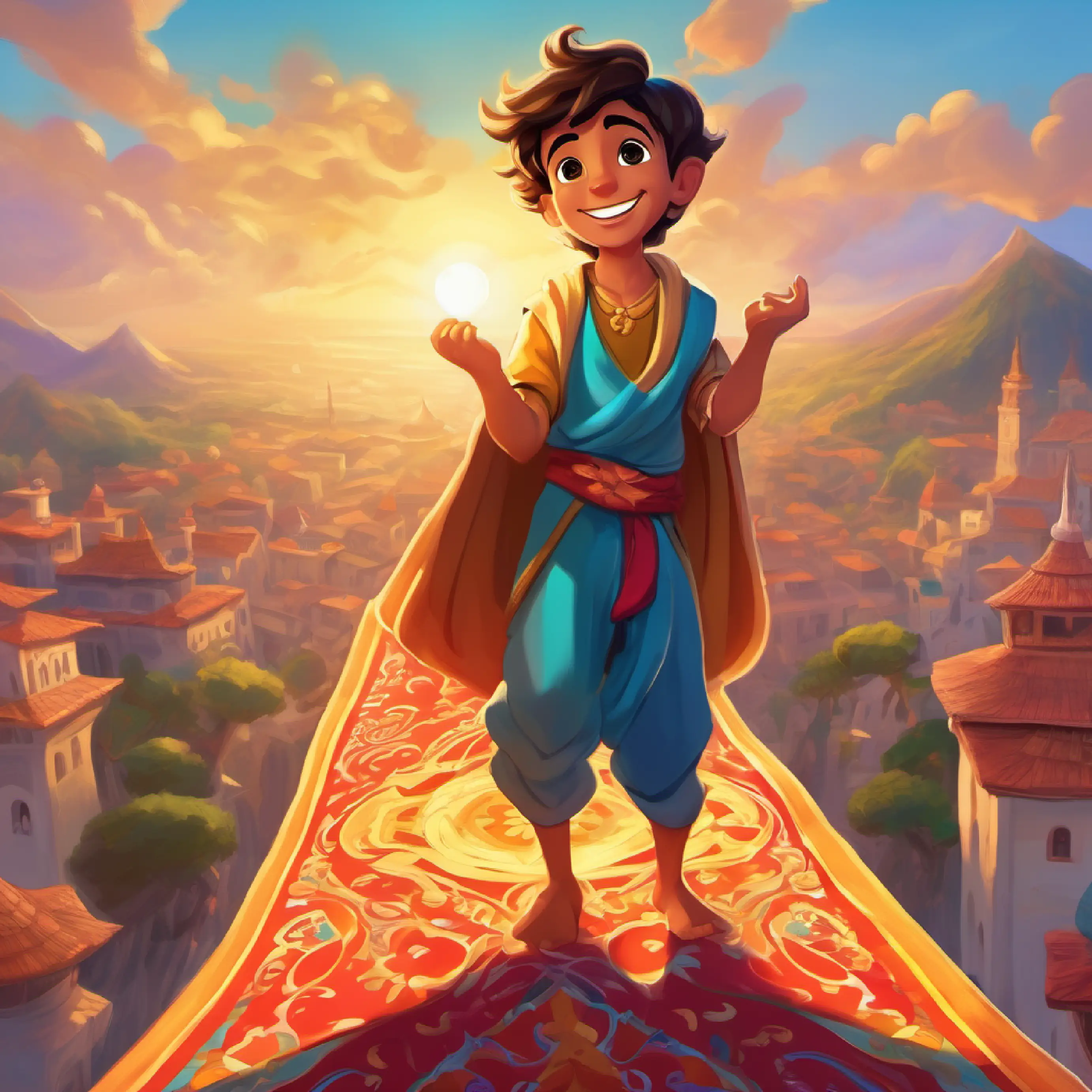 The genie gives A happy boy with playful eyes and sun-kissed skin, always smiling a magic carpet for adventures