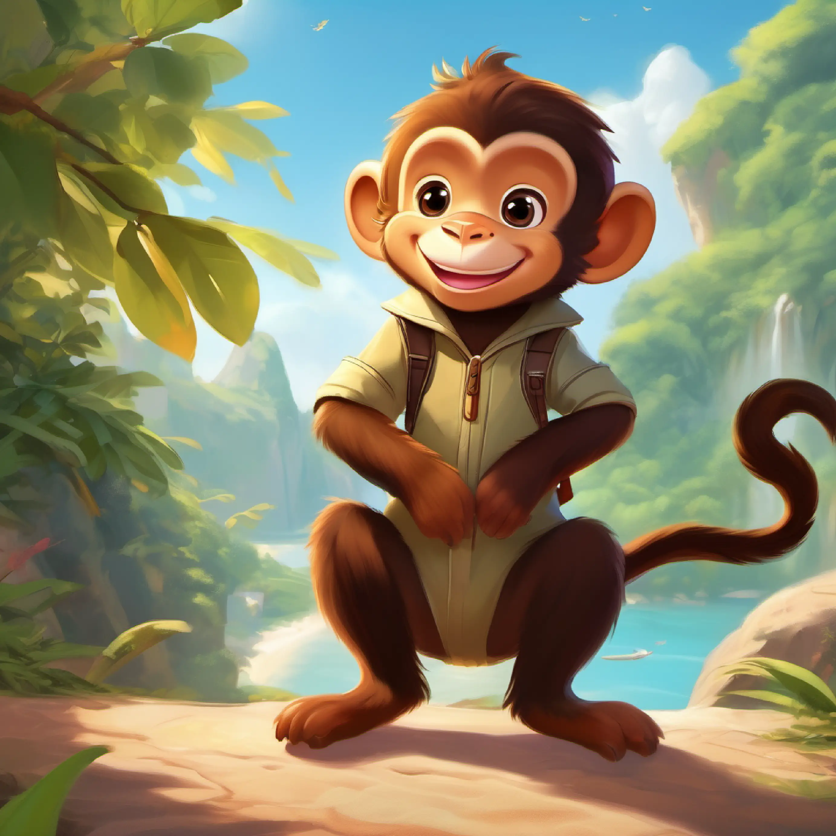 A happy boy with playful eyes and sun-kissed skin, always smiling and Tiny brown monkey with quick eyes and a mischievous grin help people during their flying adventures