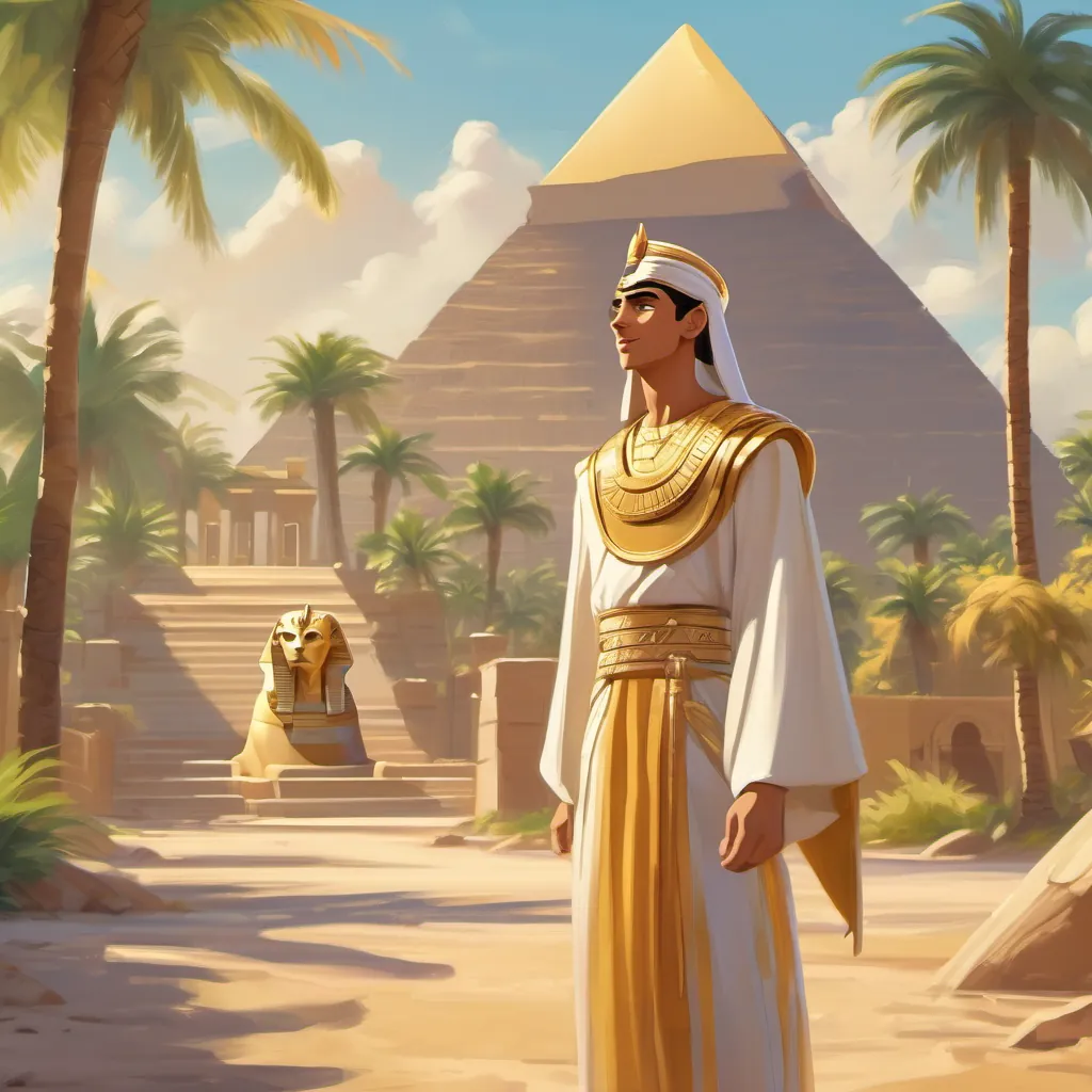 A young, cheerful pharaoh in golden robes standing excitedly by the Nile River, surrounded by pyramids and palm trees under a sunny sky.