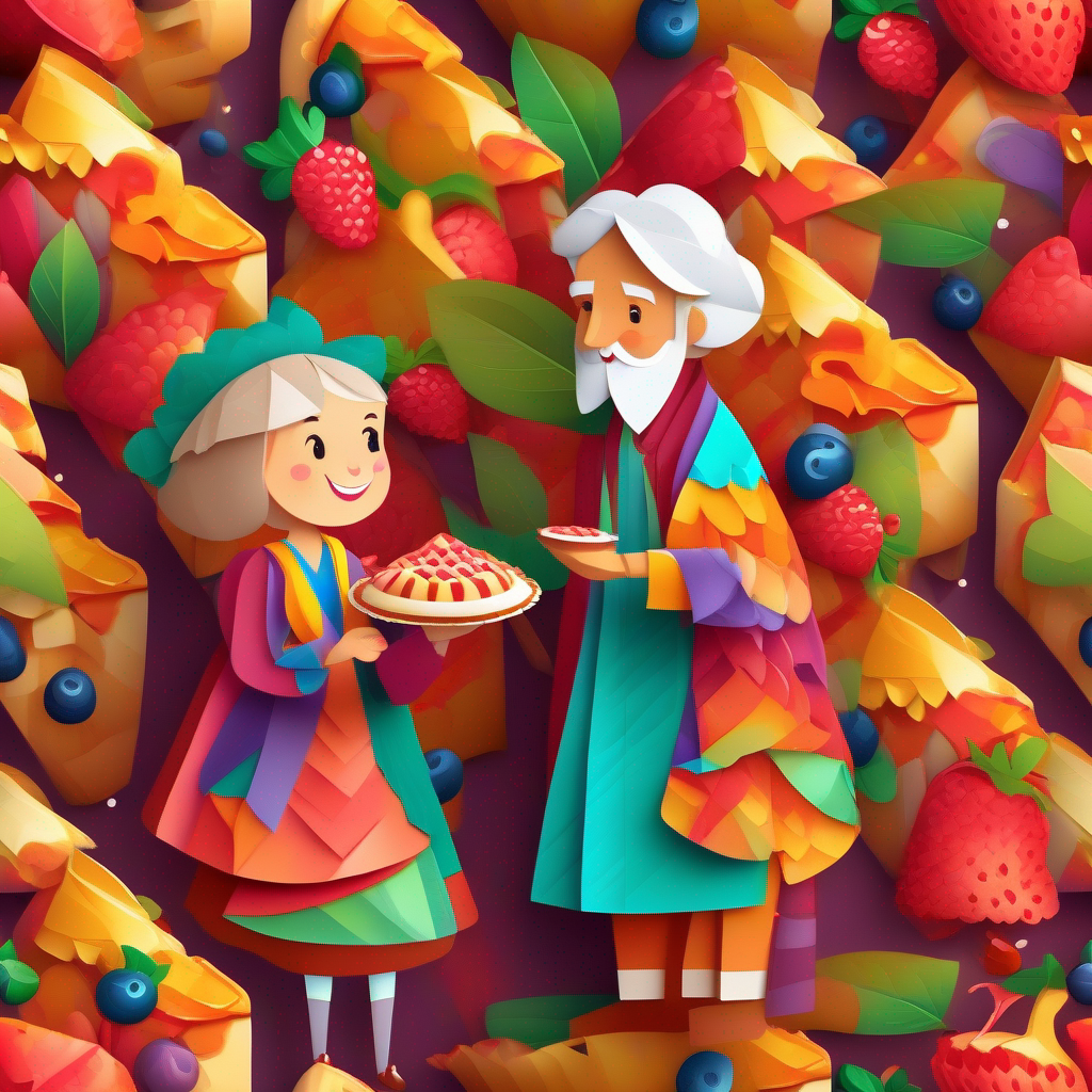 Old man giving a pie to the Lady with a kind smile. Wearing a colorful dress.. Delicious berry pie.