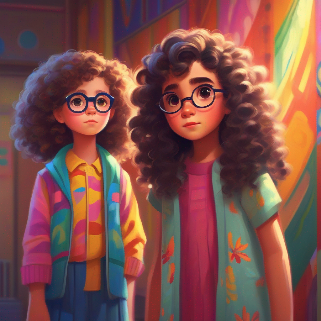 Little girl with curly hair, wearing a colorful dress and Tall woman with glasses, wearing a serious-looking outfit, serious-looking, indoors