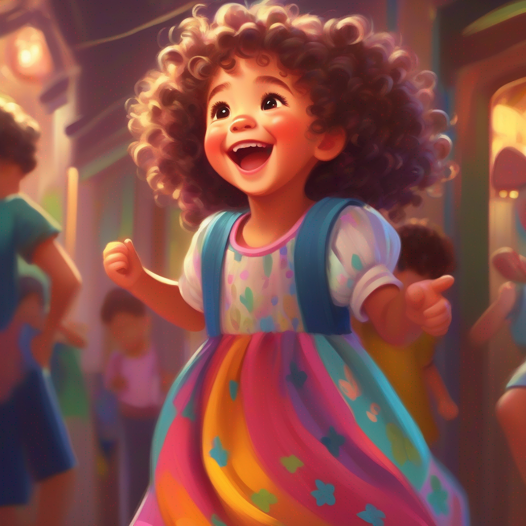 Little girl with curly hair, wearing a colorful dress telling the joke, holding her belly while laughing