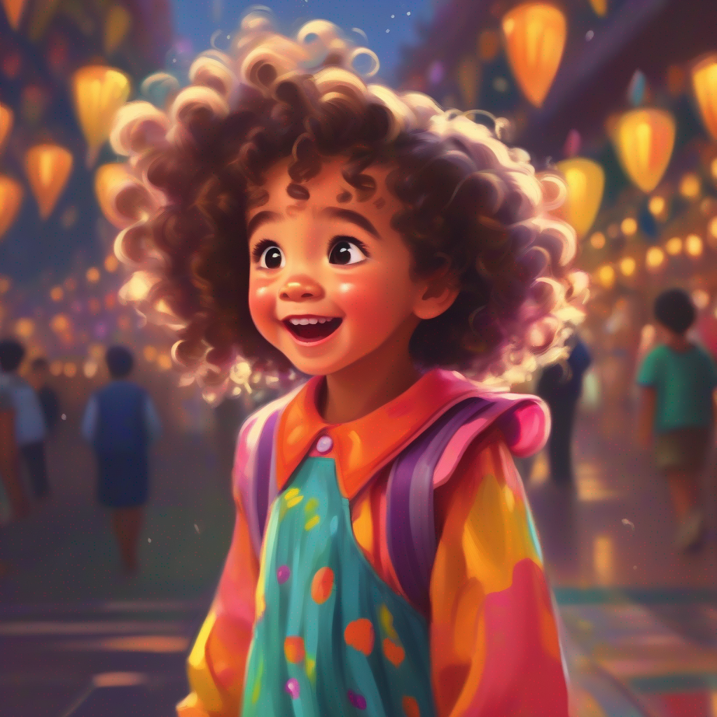 Little girl with curly hair, wearing a colorful dress telling the second joke, hopeful expression
