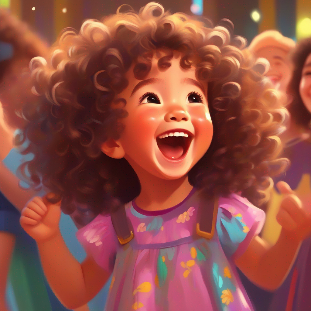 Little girl with curly hair, wearing a colorful dress telling the third joke, laughing enthusiastically