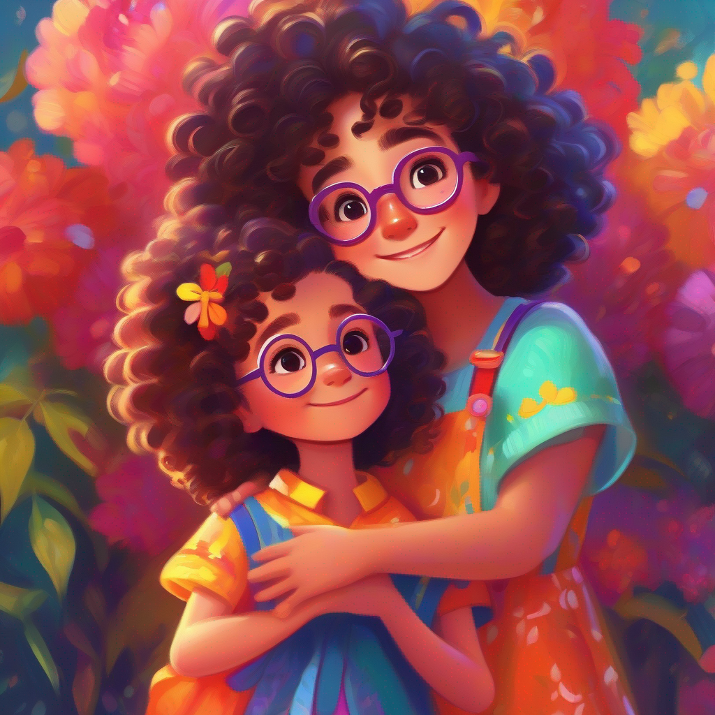 Little girl with curly hair, wearing a colorful dress and Tall woman with glasses, wearing a serious-looking outfit smiling and hugging, surrounded by happiness
