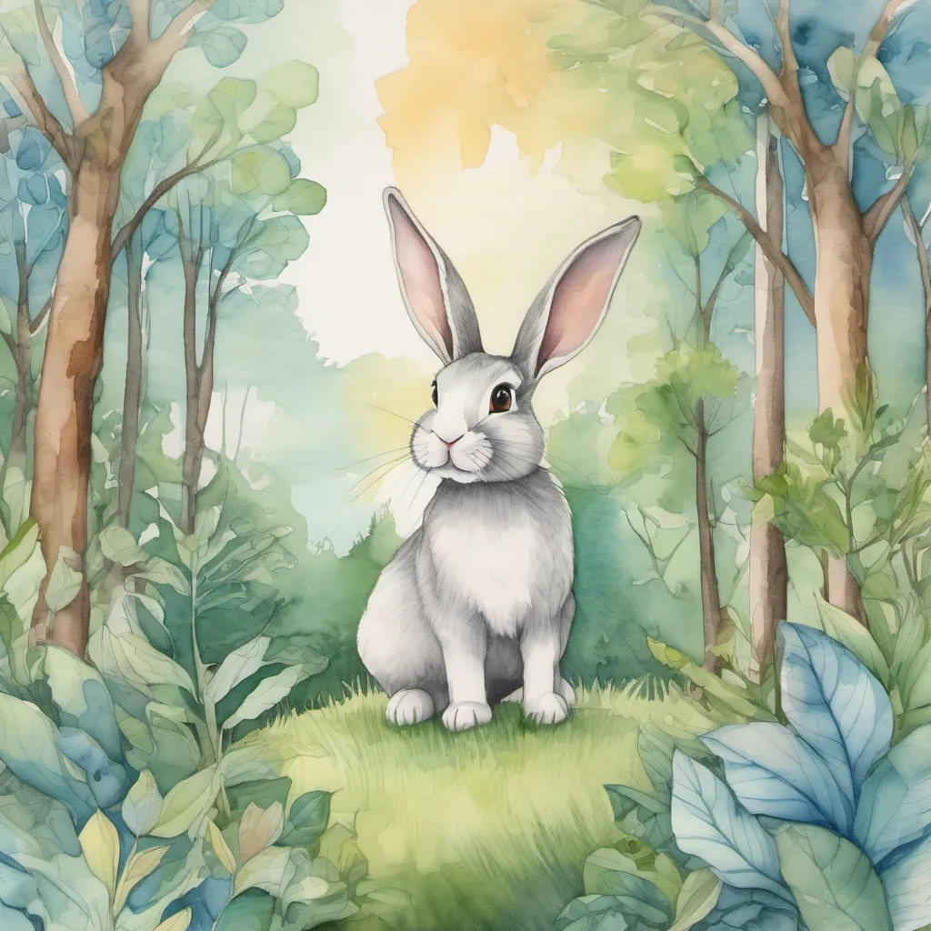 A whimsical forest backdrop with lush greenery and a curious bunny with long ears and a bright smile standing under a blue sky.