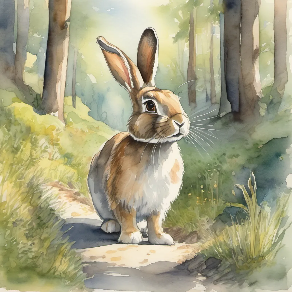 Bunny A cute and clever bunny with long ears standing in a whimsical forest hopping through a sunlit glen, with a friendly expression, as he notices a new stranger in the distance.