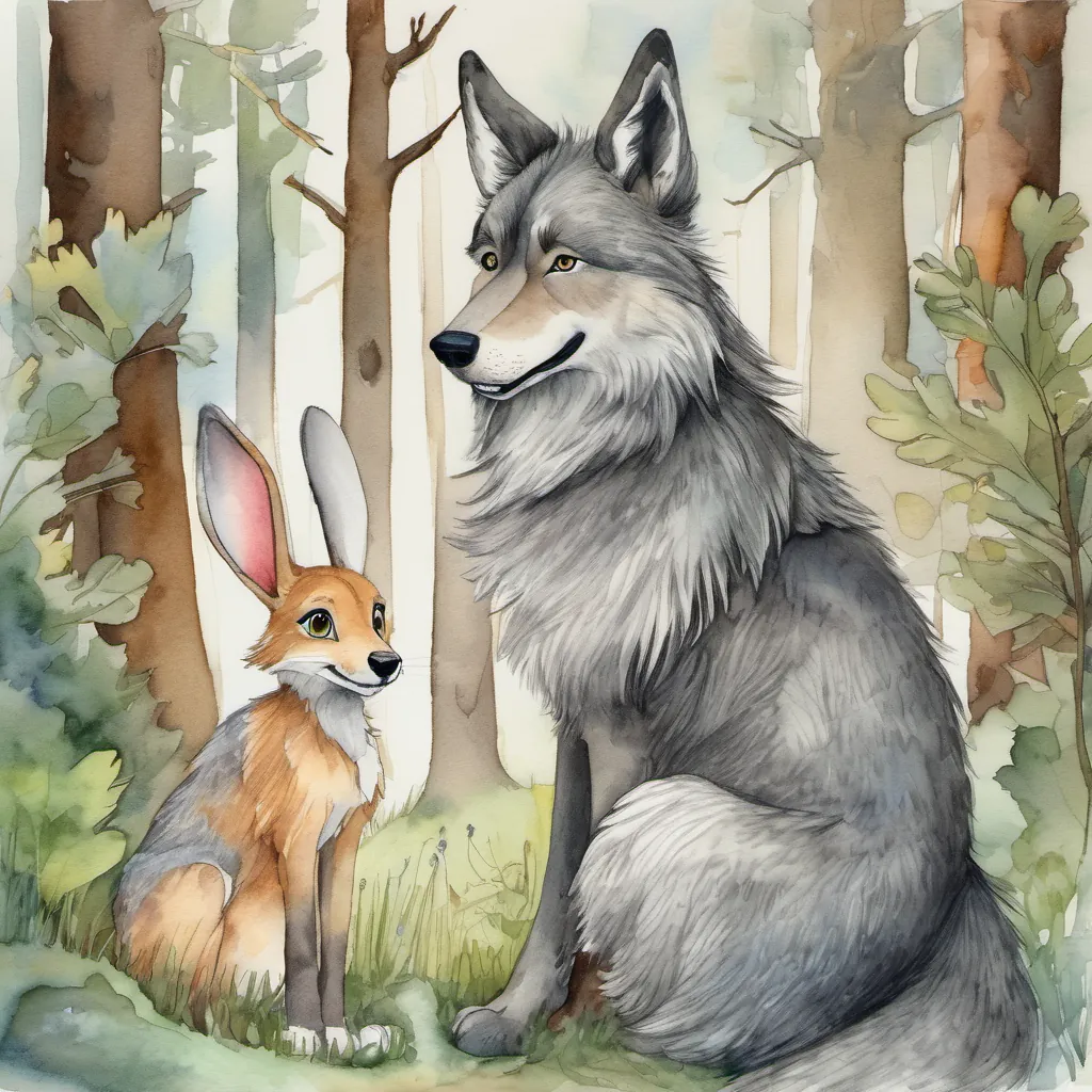 A cunning wolf with gray fur and gleaming eyes, smiling slyly as he talks to Bunny A cute and clever bunny with long ears standing in a whimsical forest.