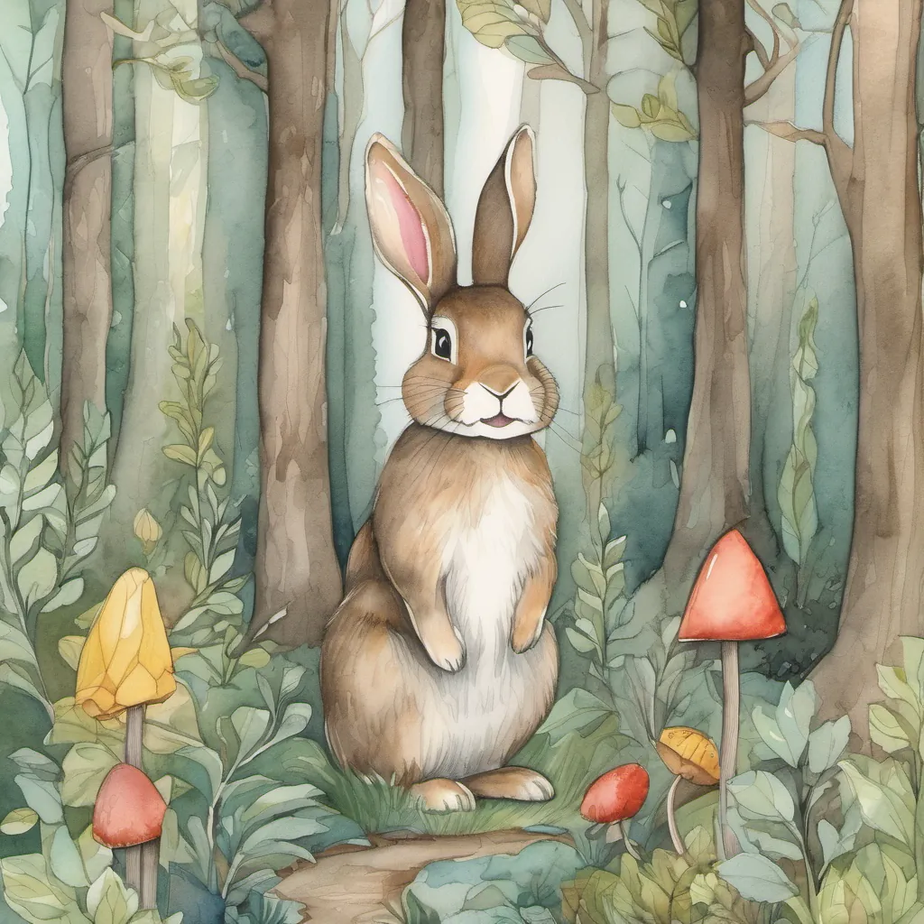 Bunny A cute and clever bunny with long ears standing in a whimsical forest with a thoughtful expression, nodding at the wolf as they prepare to move deeper into the forest.