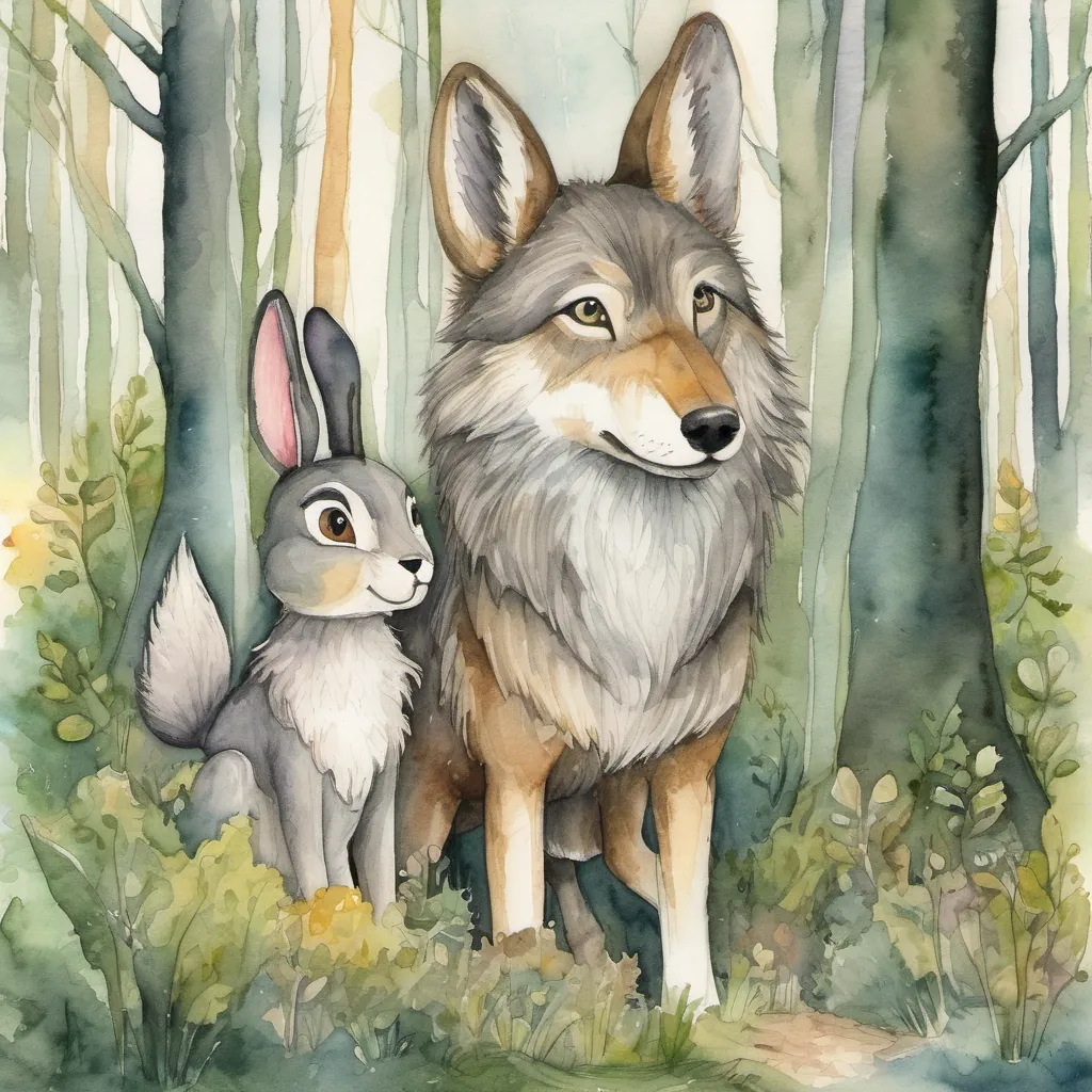 The wolf and Bunny A cute and clever bunny with long ears standing in a whimsical forest walking together, with the wolf's eyes glinting while he warns about hidden traps.