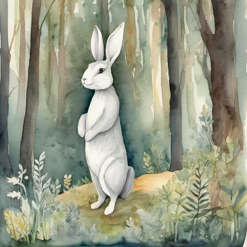 Bunny A cute and clever bunny with long ears standing in a whimsical forest looking thoughtful and pensive, pondering the wolf's true intentions.