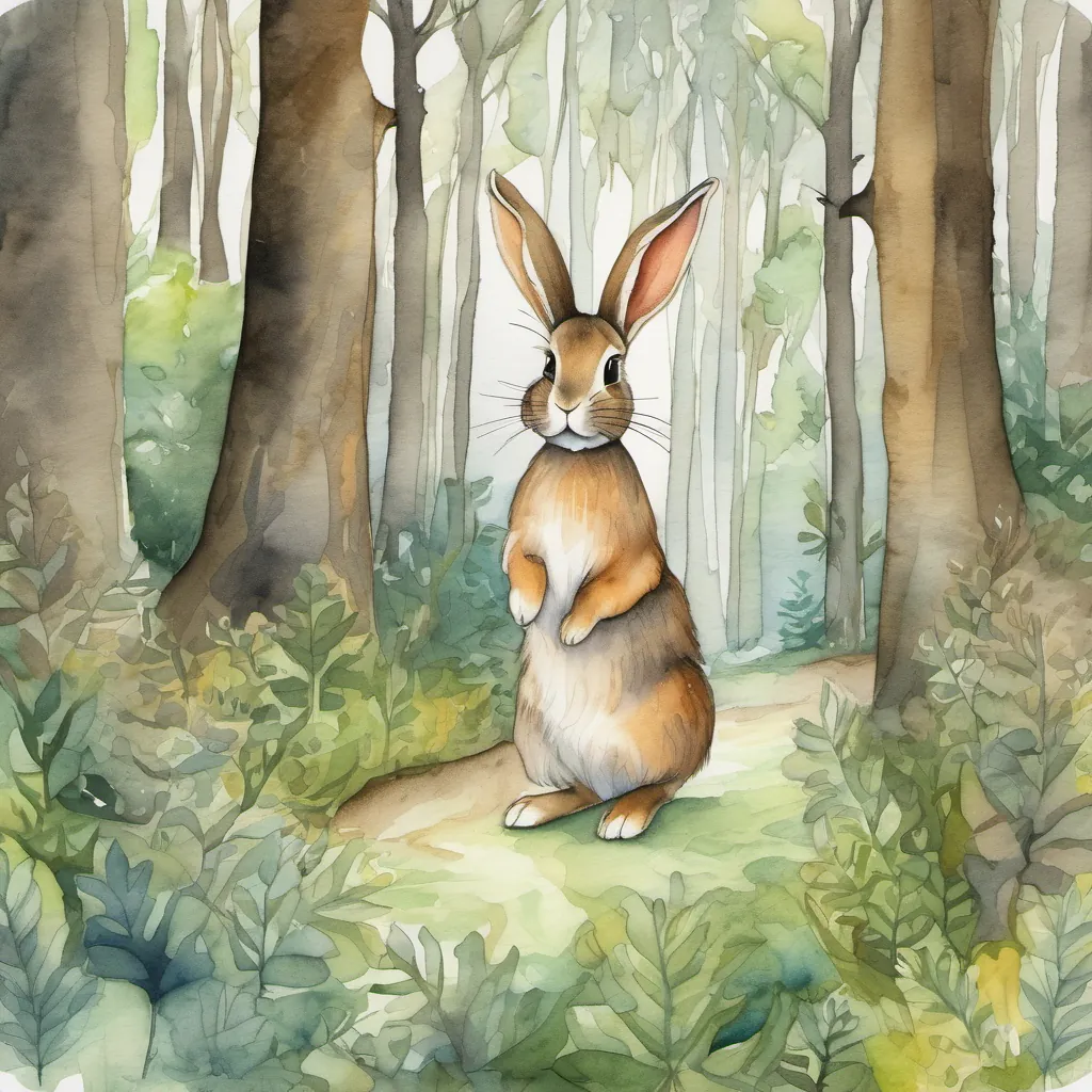 Bunny A cute and clever bunny with long ears standing in a whimsical forest hopping energetically through narrow and wide forest paths, keeping alert to whispers.