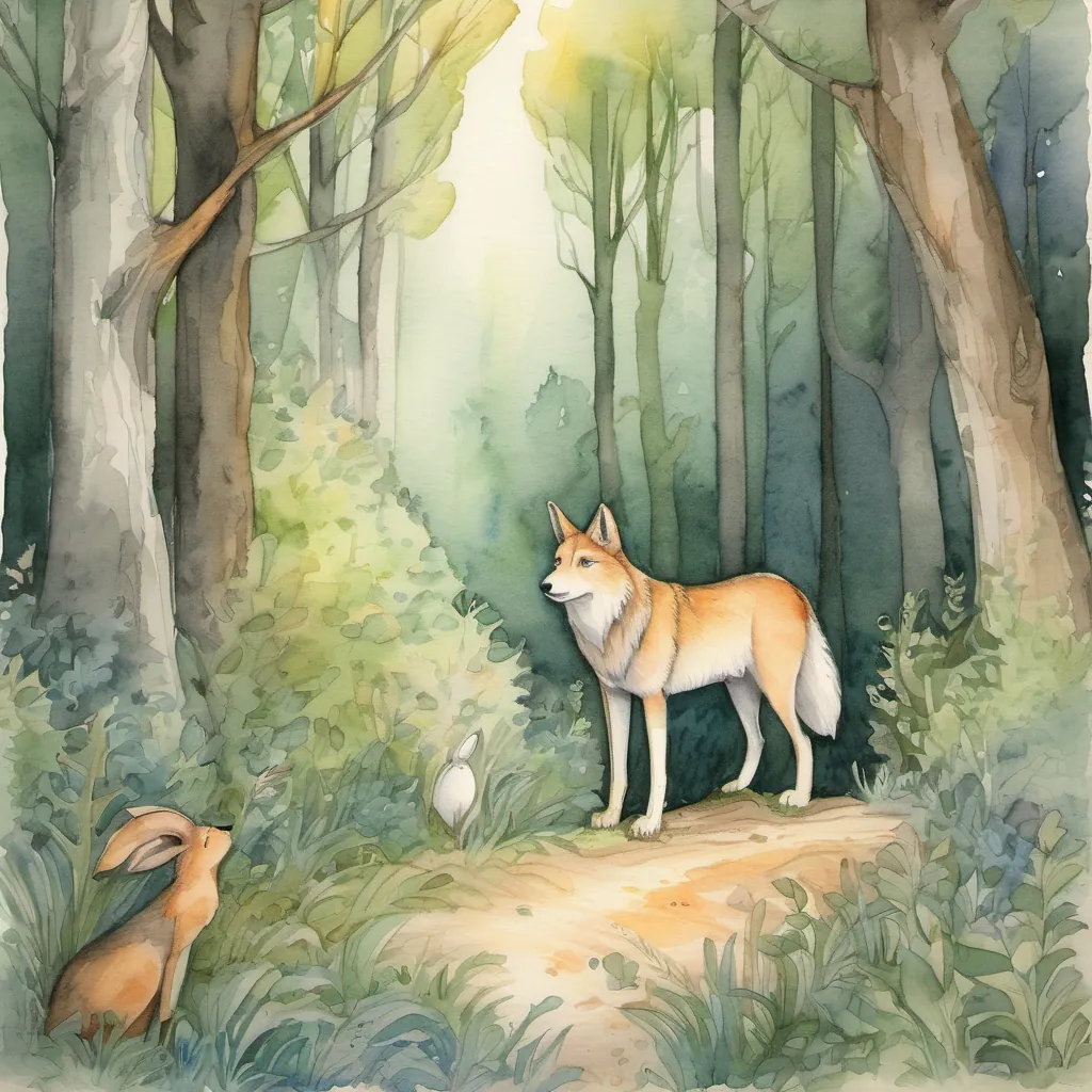 The wolf nodding reluctantly at Bunny A cute and clever bunny with long ears standing in a whimsical forest in a beautiful forest clearing, realizing he can't outsmart the bunny.