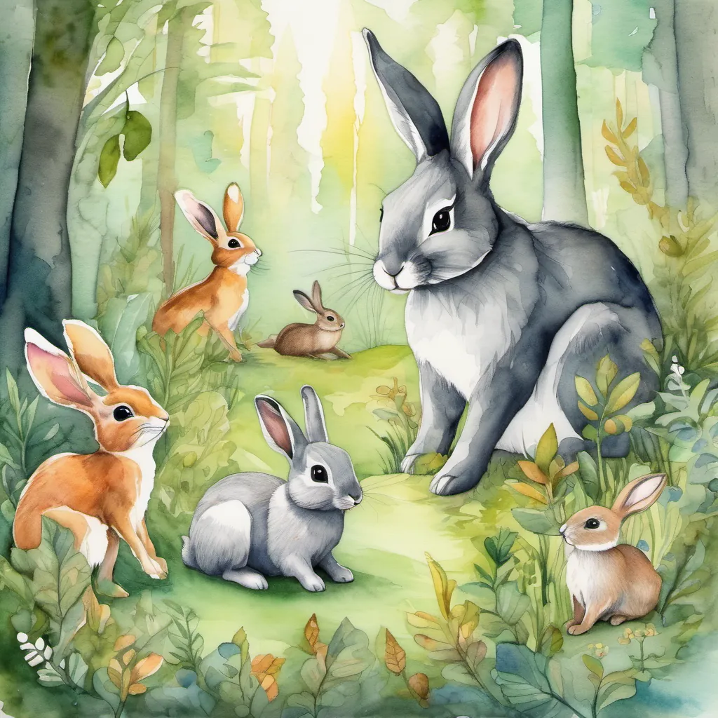 Forest animals rejoicing together in the bright forest, with Bunny A cute and clever bunny with long ears standing in a whimsical forest looking content and proud.