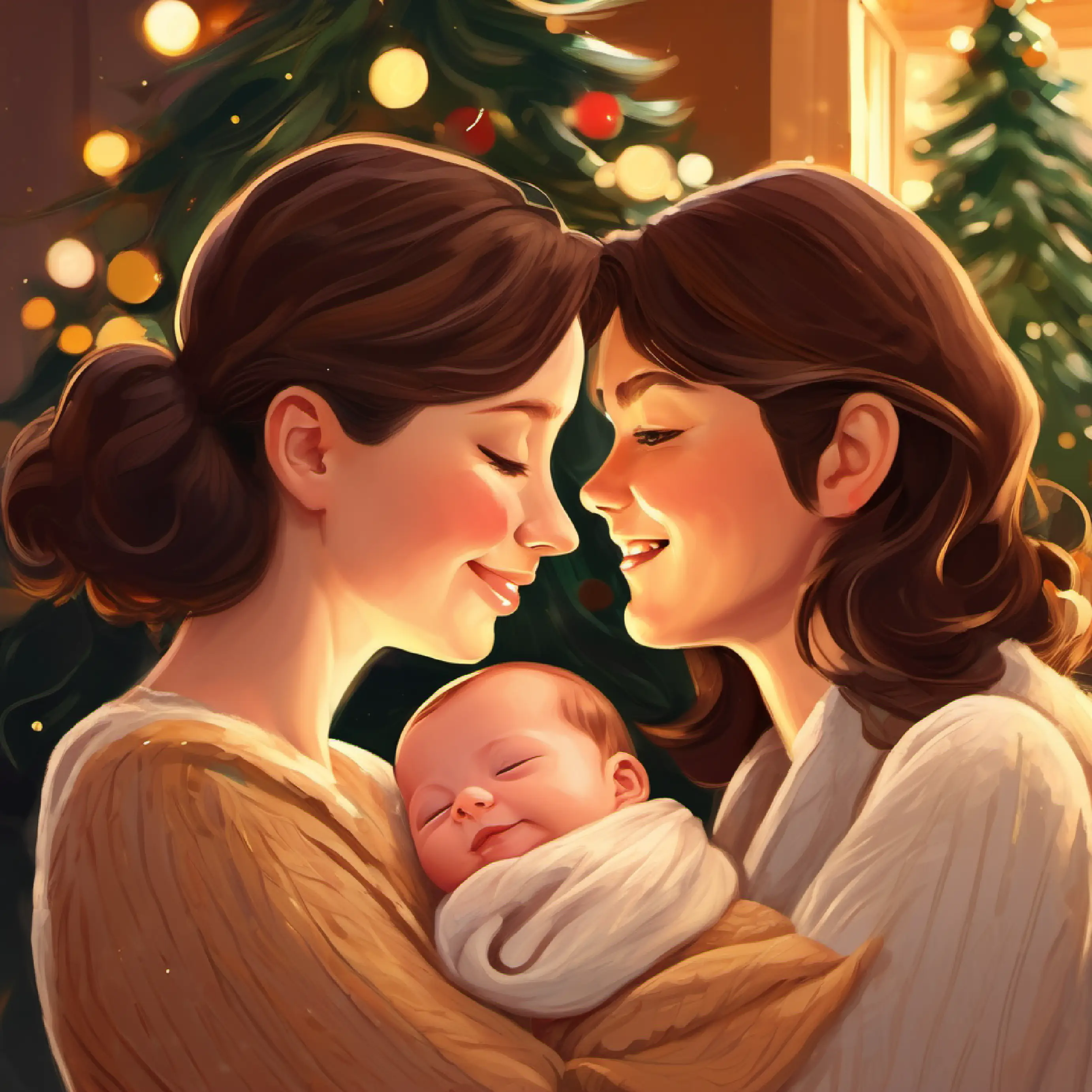 Newborn with soft brown hair, bright brown eyes with smiling parents, warmth, tender moment.