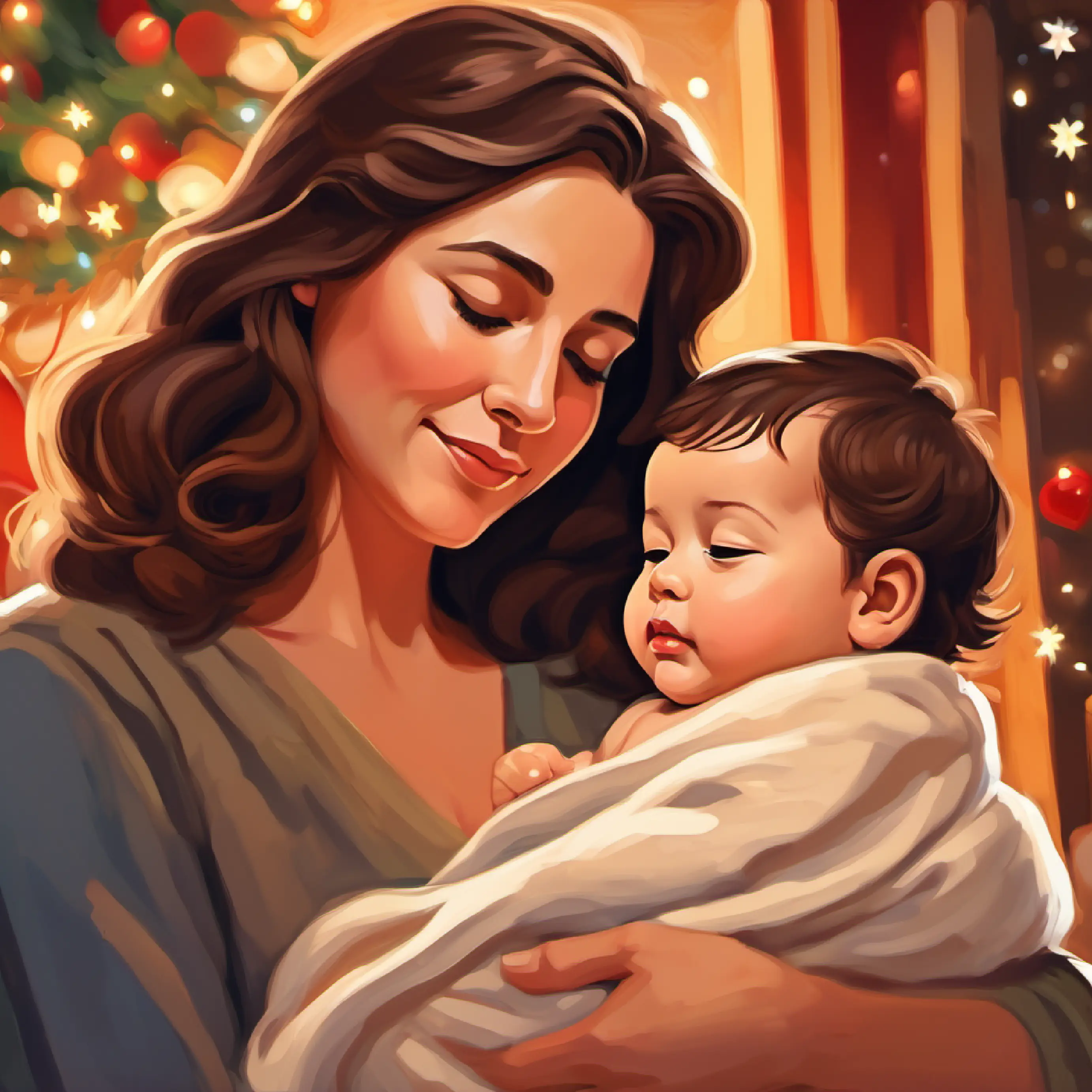 Close-up of mom holding Newborn with soft brown hair, bright brown eyes, bonding, comforting.