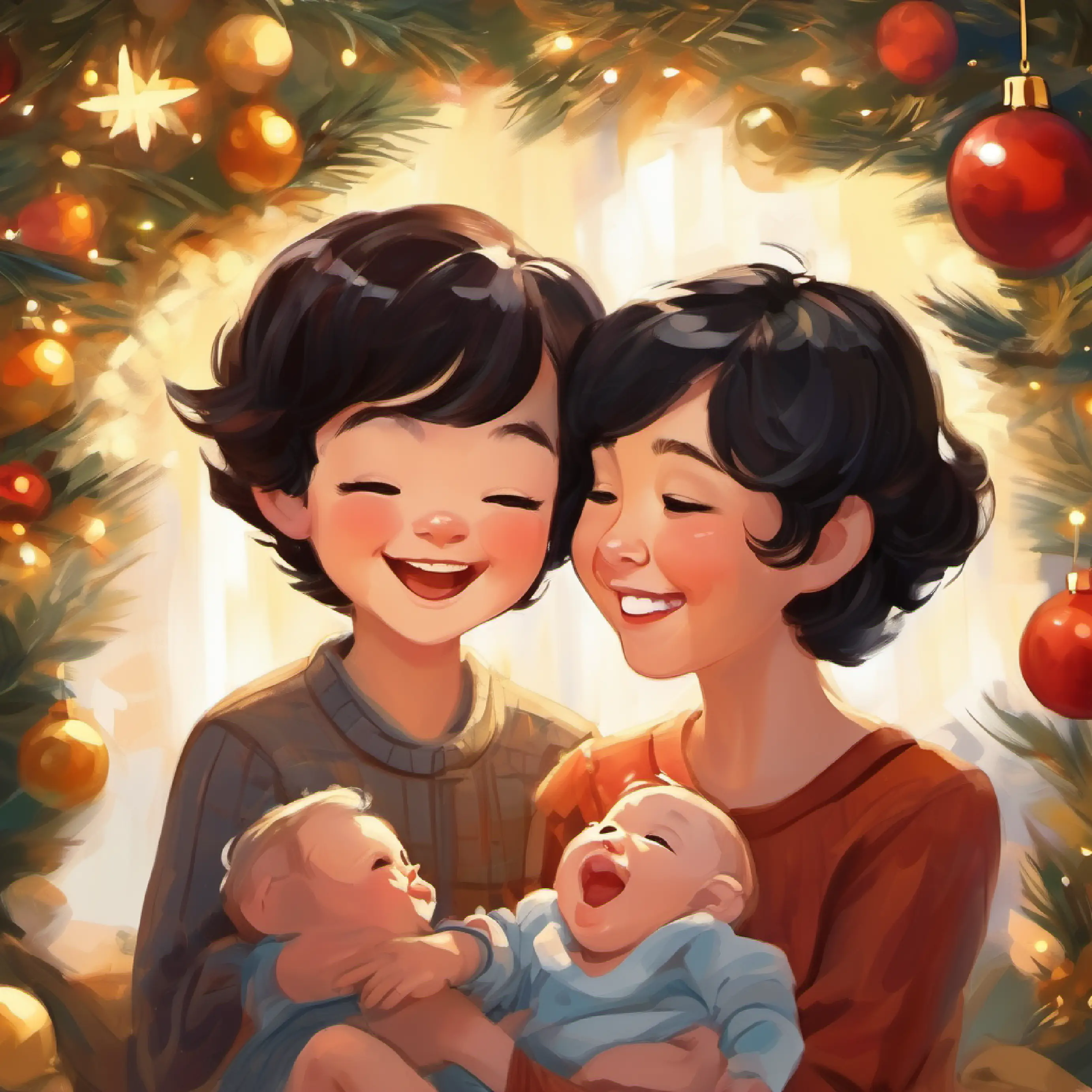 Cheerful, short black hair, laughing brown eyes interacts playfully with Newborn with soft brown hair, bright brown eyes, sense of anticipation.