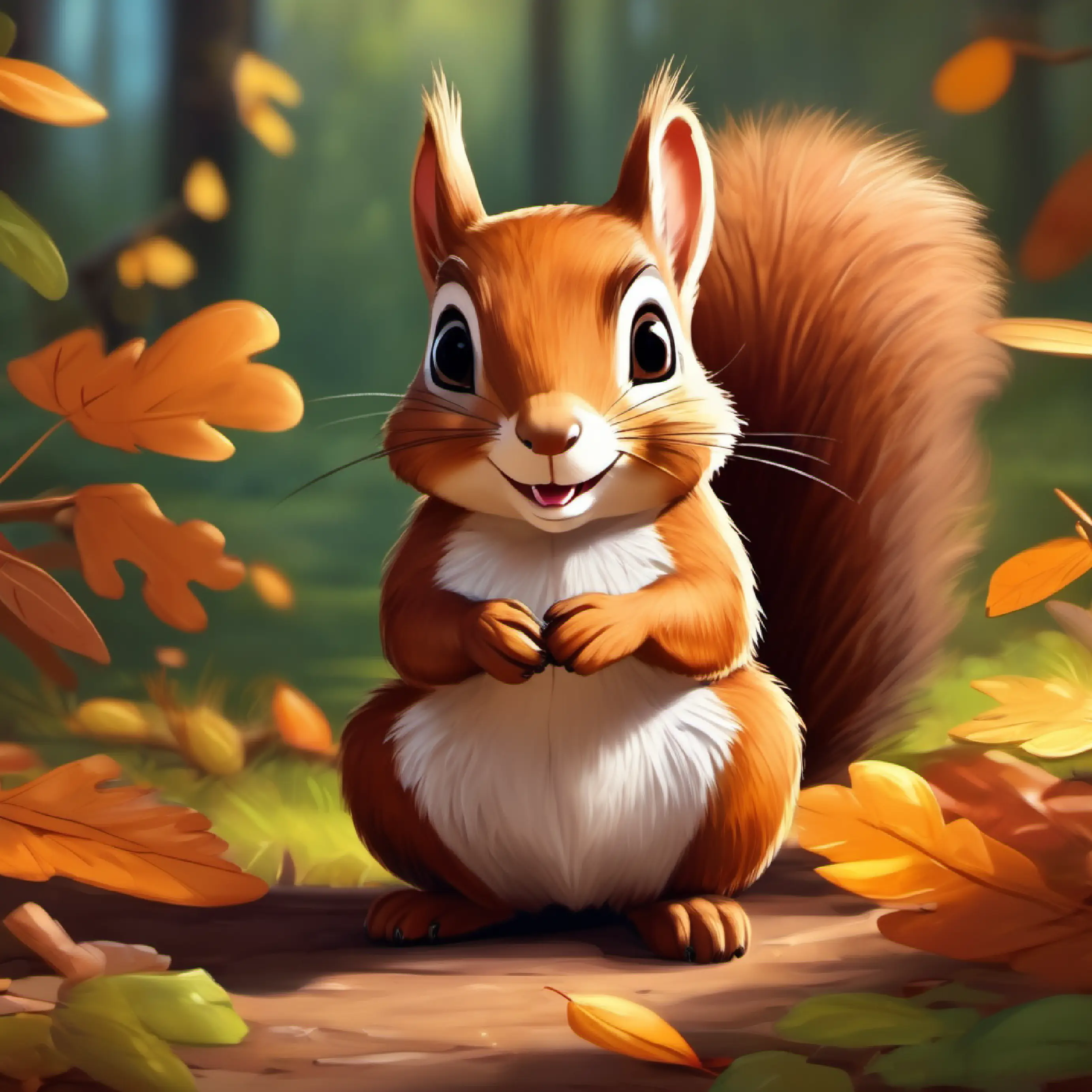 Happy little squirrel, brown fur, curious eyes keeps the acorn, stops playing with friends.