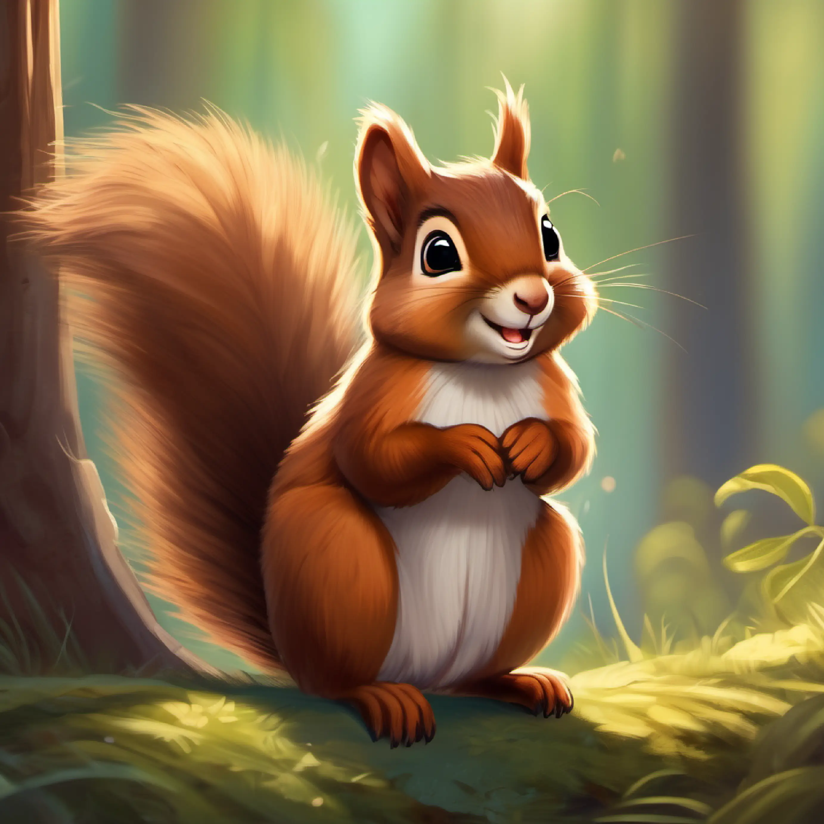Happy little squirrel, brown fur, curious eyes feels left out, misses his friends.