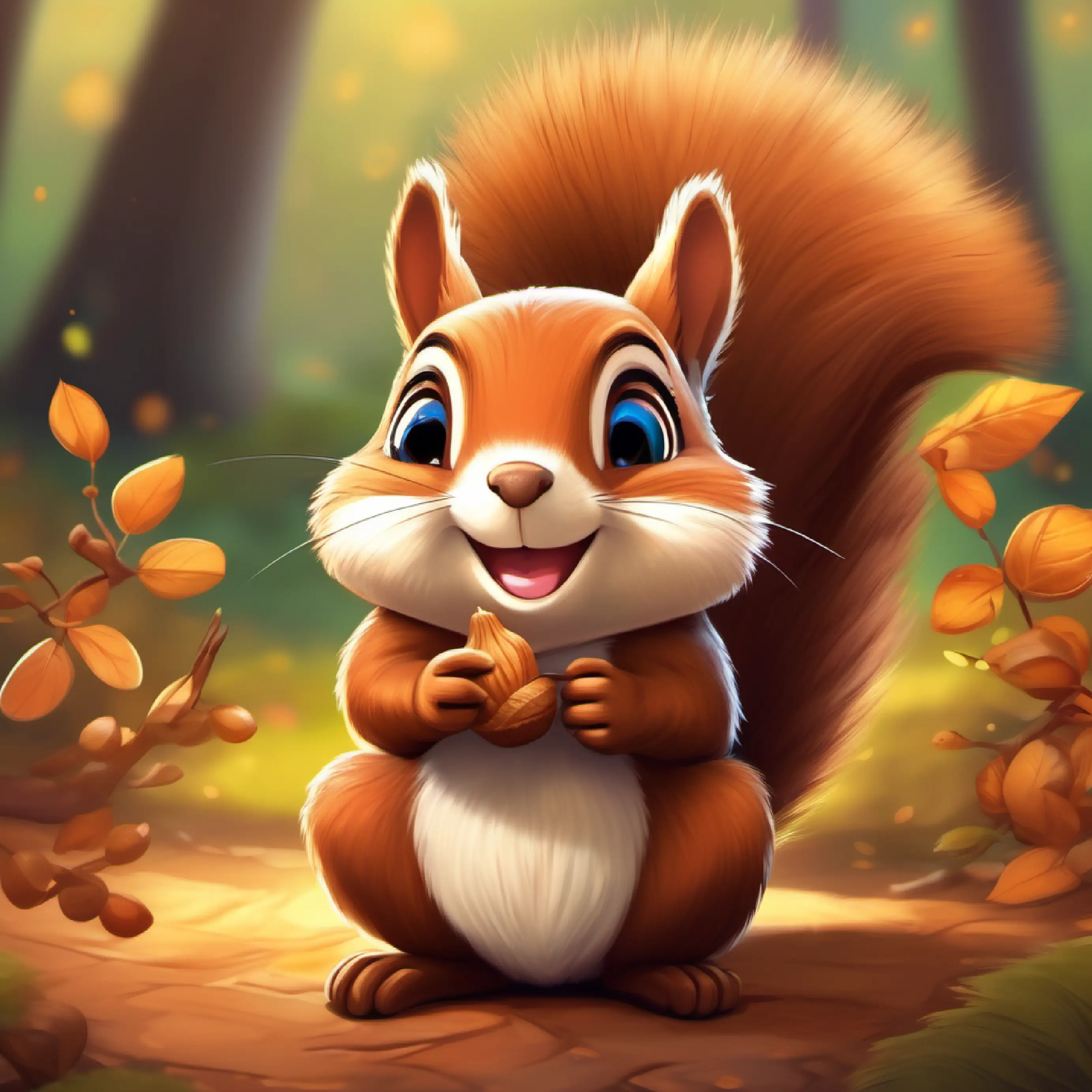Happy little squirrel, brown fur, curious eyes shares acorn, learns about joy in sharing.