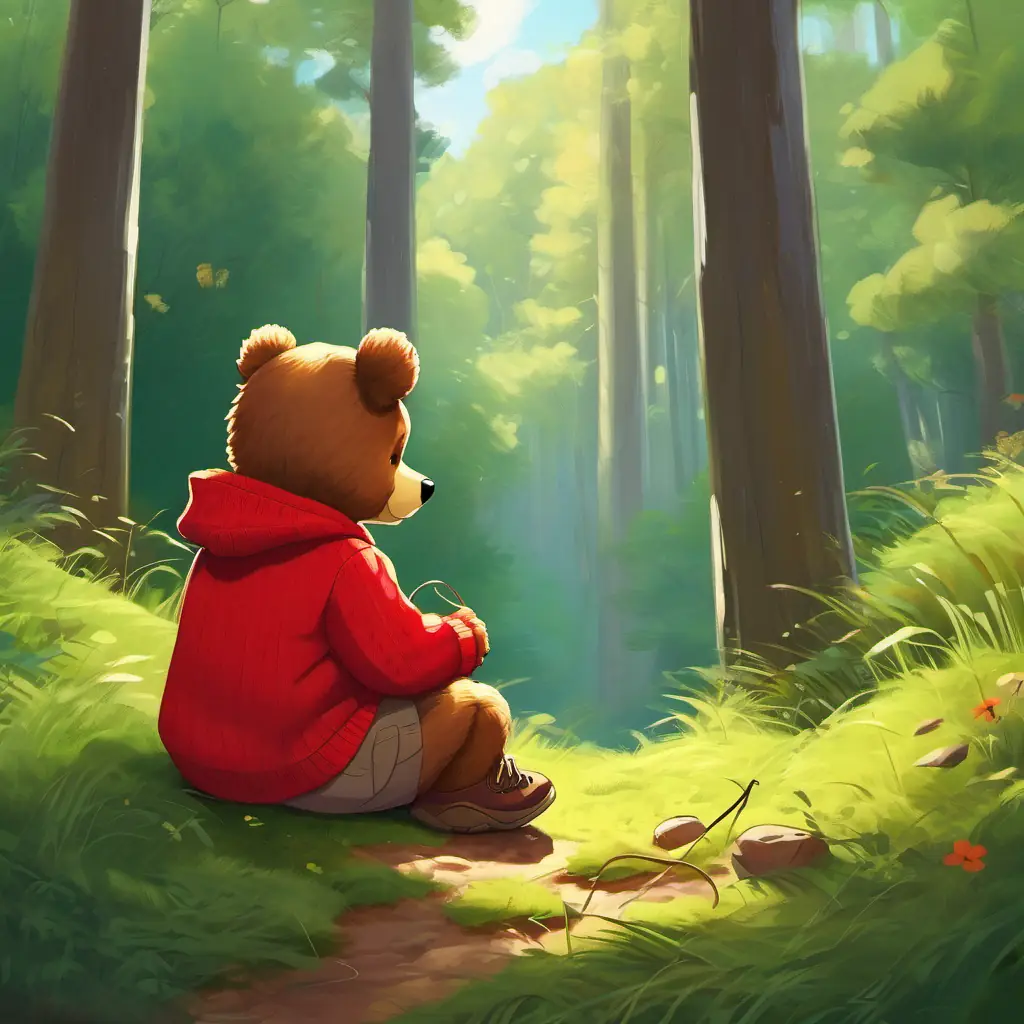 Sammy showing Little bear with brown fur, wearing a red sweater and untied shoes how to make a loop with a shoelace, both of them sitting on a grassy patch in the forest.
