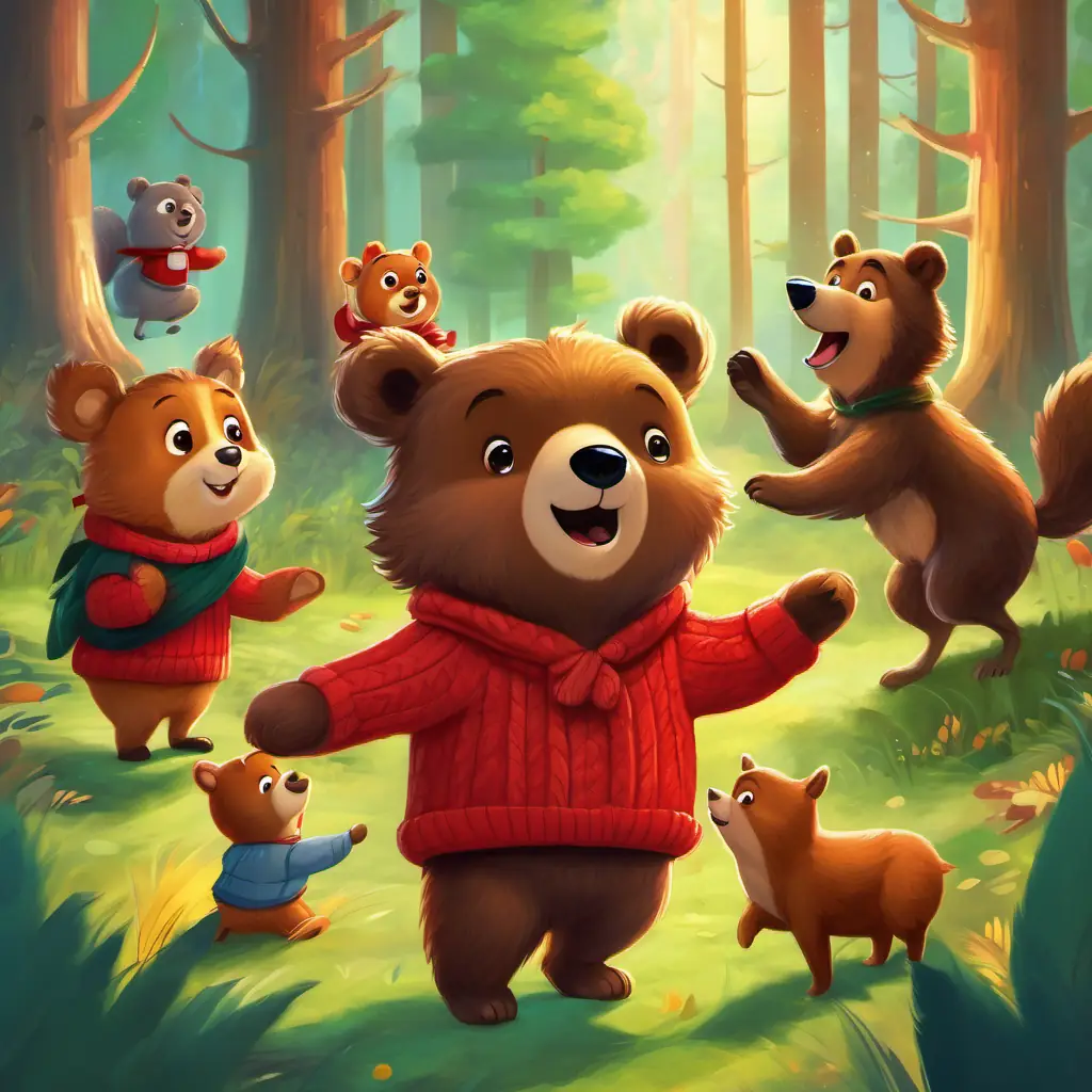 Little bear with brown fur, wearing a red sweater and untied shoes and Sammy high-fiving each other, with other forest animals celebrating in the background.