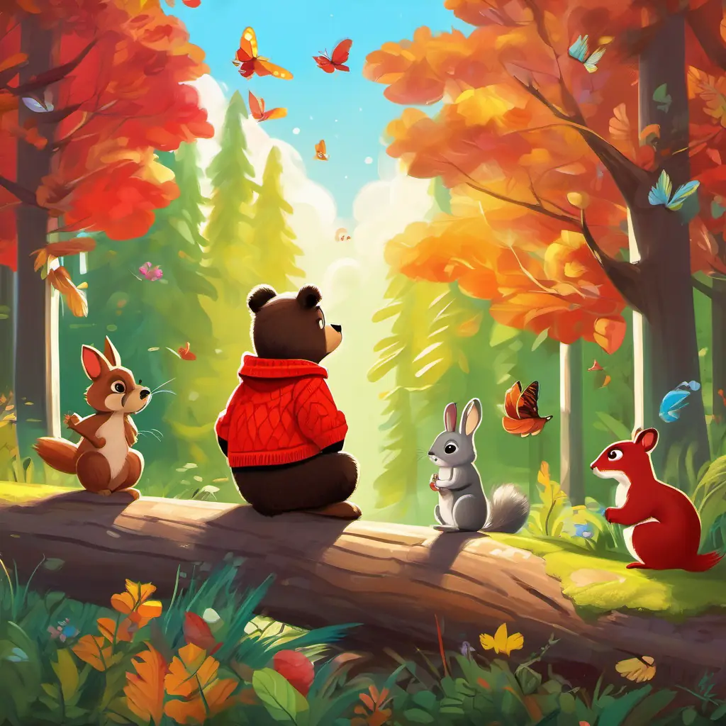 Little bear with brown fur, wearing a red sweater and shoes with loose shoe laces and Sammy the squirrel sitting on a log in the forest, with sunshine filtering through the tree canopy, surrounded by their Various animals like rabbits, birds, and butterflies, with colorful fur and feathers who are watching them.