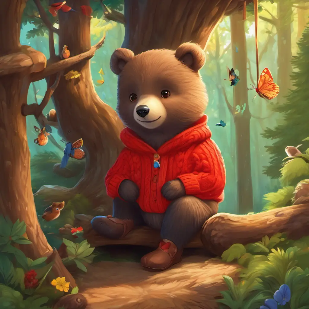 Little bear with brown fur, wearing a red sweater and untied shoes sitting in his treehouse, surrounded by trees and his Various animals like rabbits, squirrels, birds, and butterflies, with colorful fur and feathers, wearing a red sweater and holding his untied shoes.
