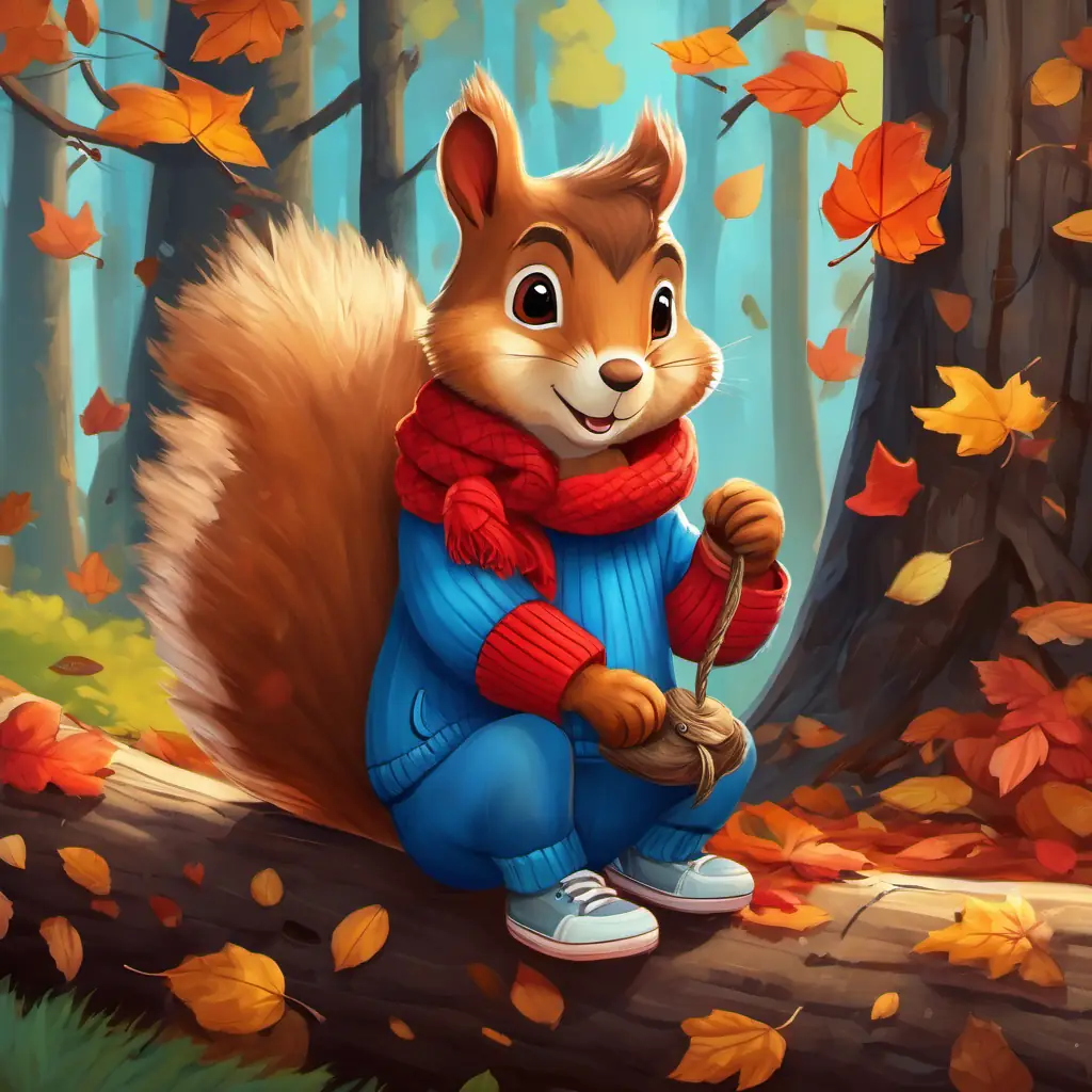 Sammy the squirrel wearing a blue sweater, tying the shoestrings on Little bear's shoes, the bear has brown fur and is wearing a red sweater and untied shoes sitting on a fallen tree trunk, with colorful fallen leaves all around them.