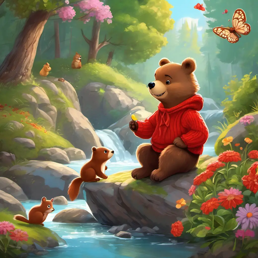Little bear with brown fur, wearing a red sweater learning to tie his tennis shoes with laces, sitting on a large rock with his friend, Sammy the Squirrel rock a bubbling brook, surrounded by flowers and butterflies.